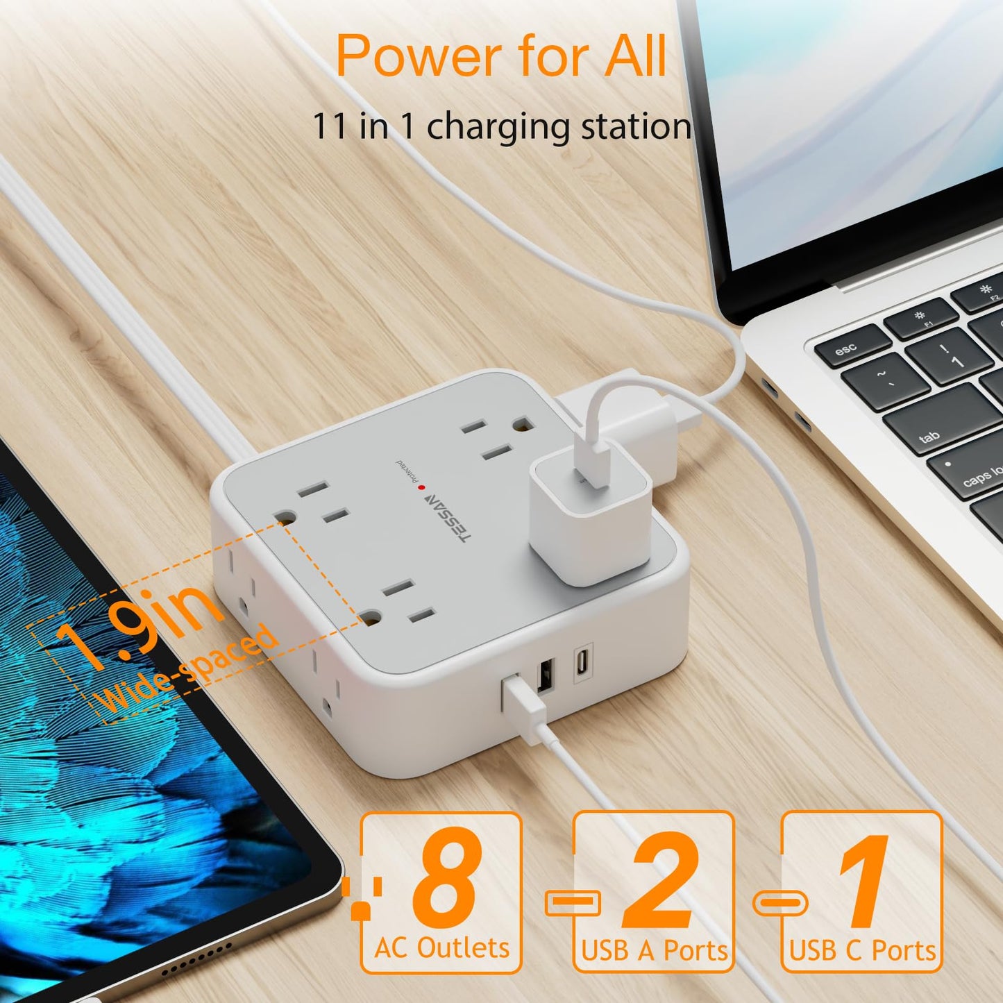 Surge Protector Flat Extension Cord Flat Plug Power Strip, 8 AC Outlets, 3 USB Charger(1 USB C Port) 3-Sided Outlet Extender, 5 Ft, 900 Joules Protection, Office Supplies, Dorm Room Essentials, Grey