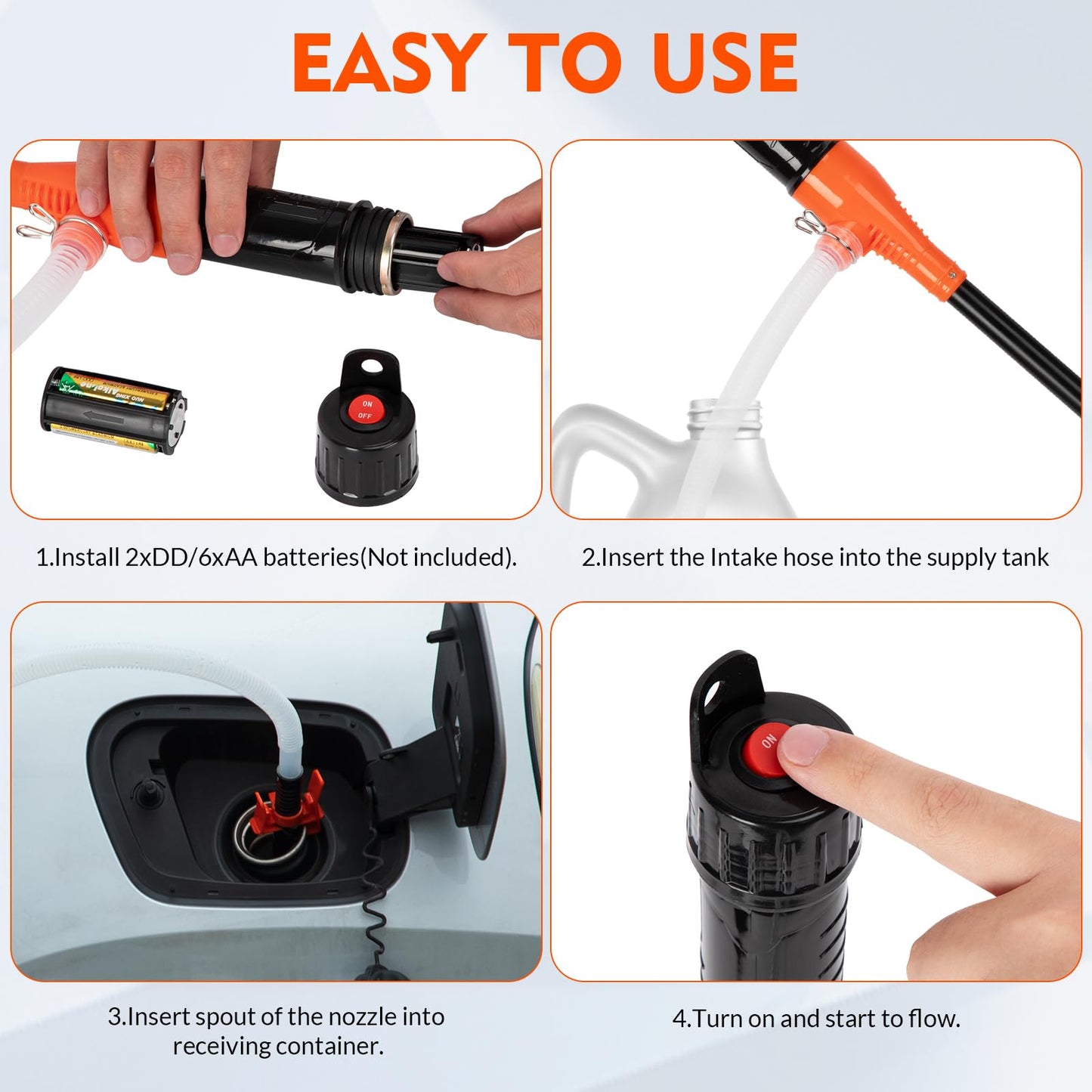 Portable Transfer Pump Battery Operated Electric Siphon Pump for Gas, Fuel, Diesel, Water Transfer 2.6 GPM Flow Oil Extractor -Easy to Use Hand Fuel Pump, Multi-Use Siphon Fuel Transfer Pump (Orange)