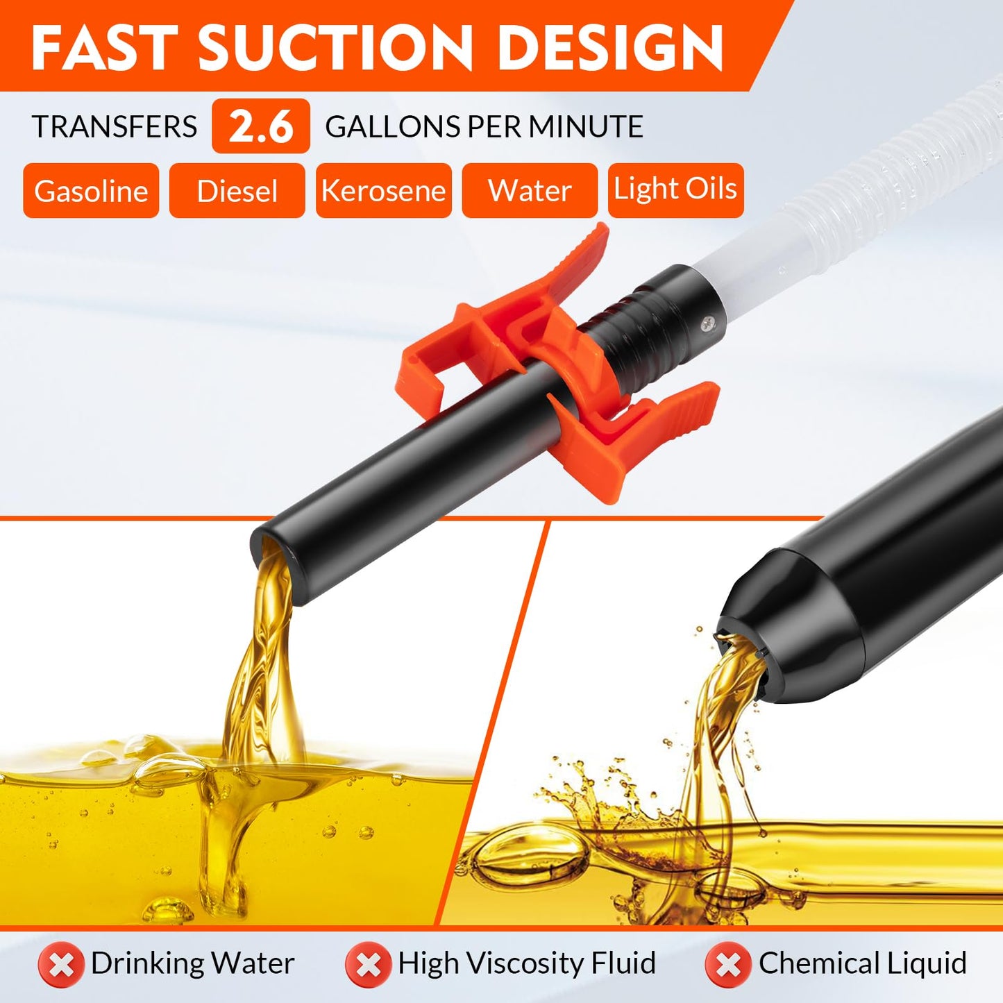 Portable Transfer Pump Battery Operated Electric Siphon Pump for Gas, Fuel, Diesel, Water Transfer 2.6 GPM Flow Oil Extractor -Easy to Use Hand Fuel Pump, Multi-Use Siphon Fuel Transfer Pump (Orange)