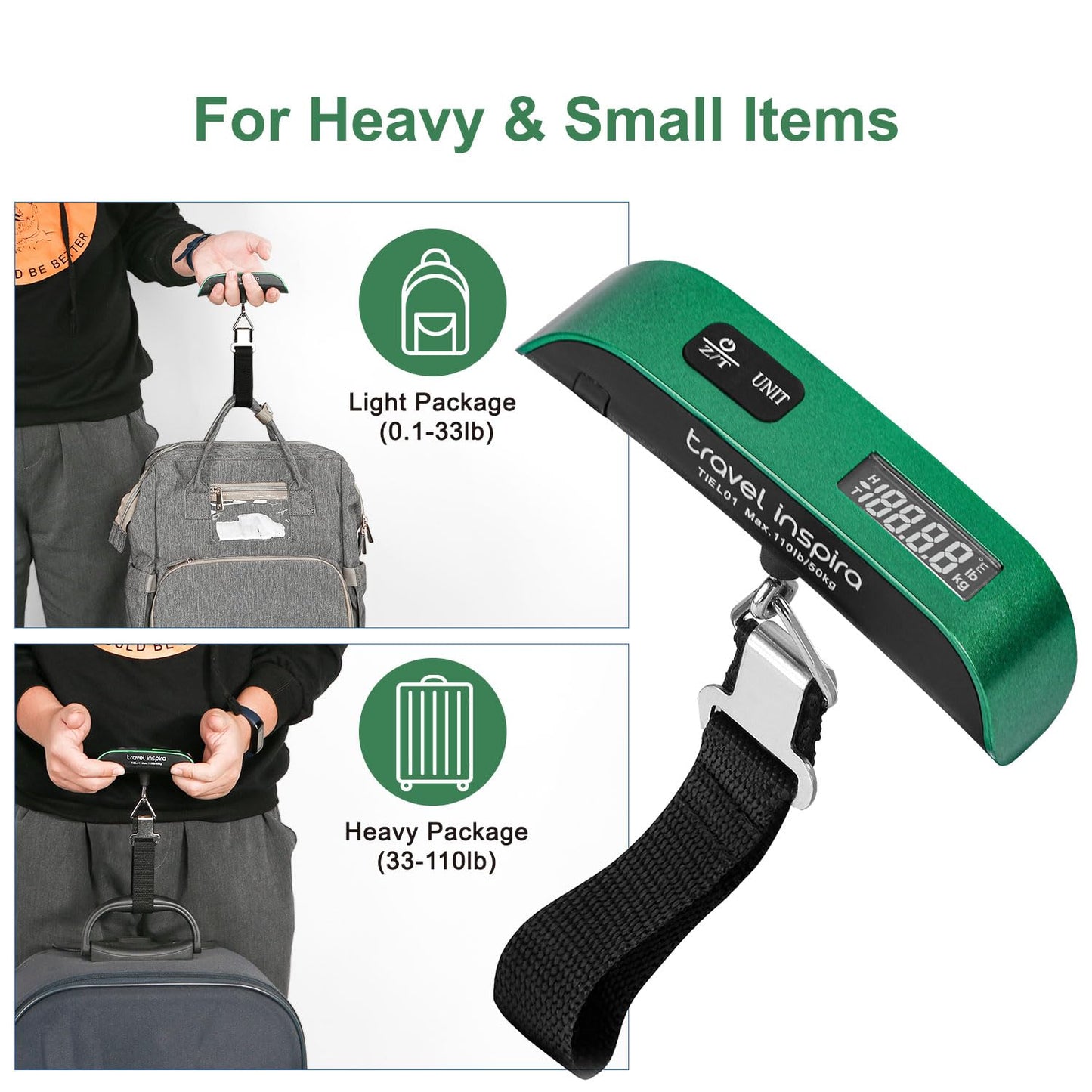 travel inspira Luggage Scale, Portable Digital Hanging Baggage Scale for Travel, Suitcase Weight Scale with Rubber Paint, 110 Pounds, Battery Included