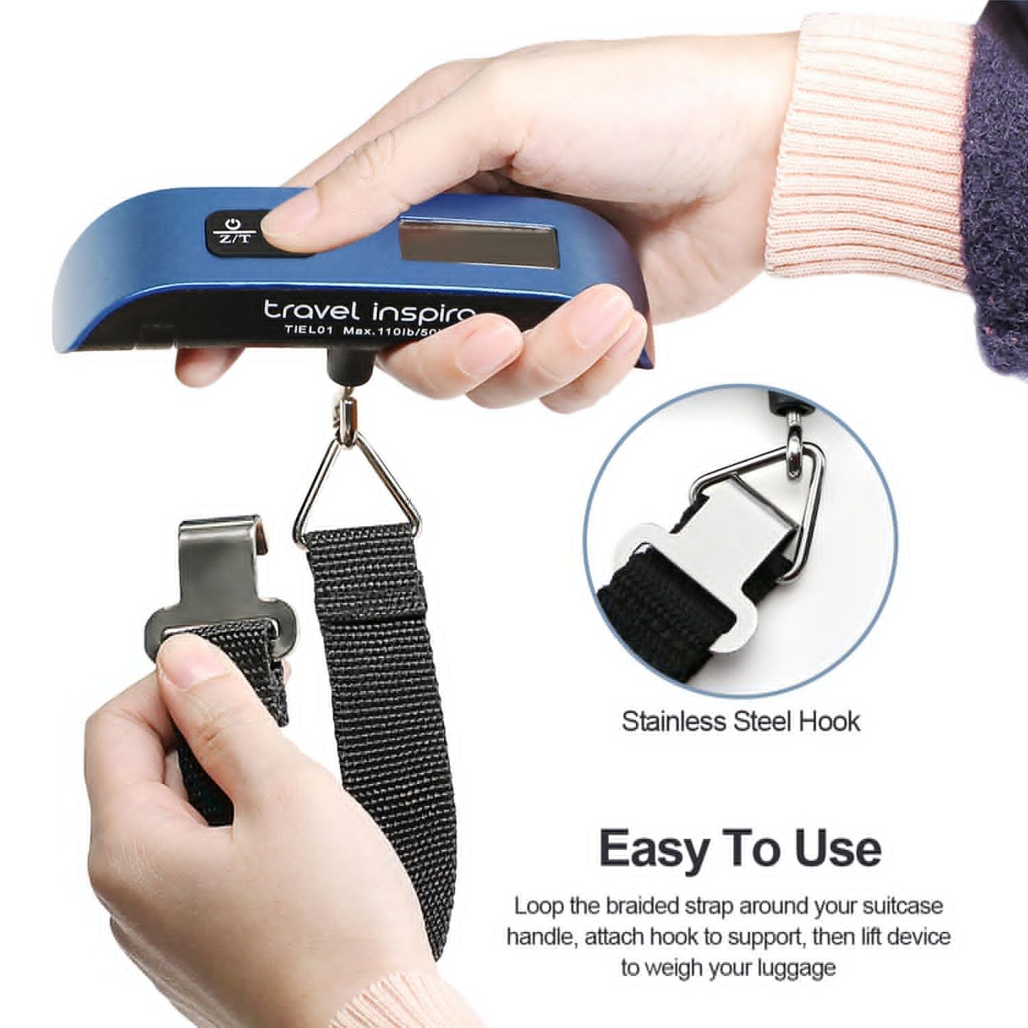 travel inspira Luggage Scale, Portable Digital Hanging Baggage Scale for Travel, Suitcase Weight Scale with Rubber Paint, 110 Pounds, Battery Included