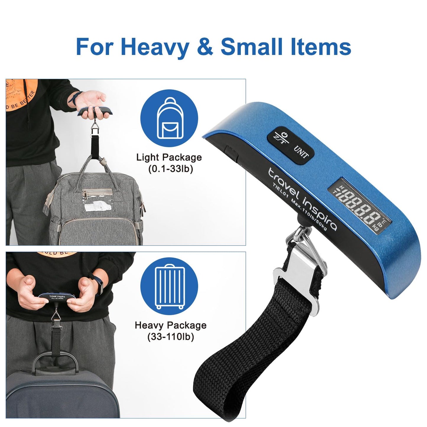 travel inspira Luggage Scale, Portable Digital Hanging Baggage Scale for Travel, Suitcase Weight Scale with Rubber Paint, 110 Pounds, Battery Included