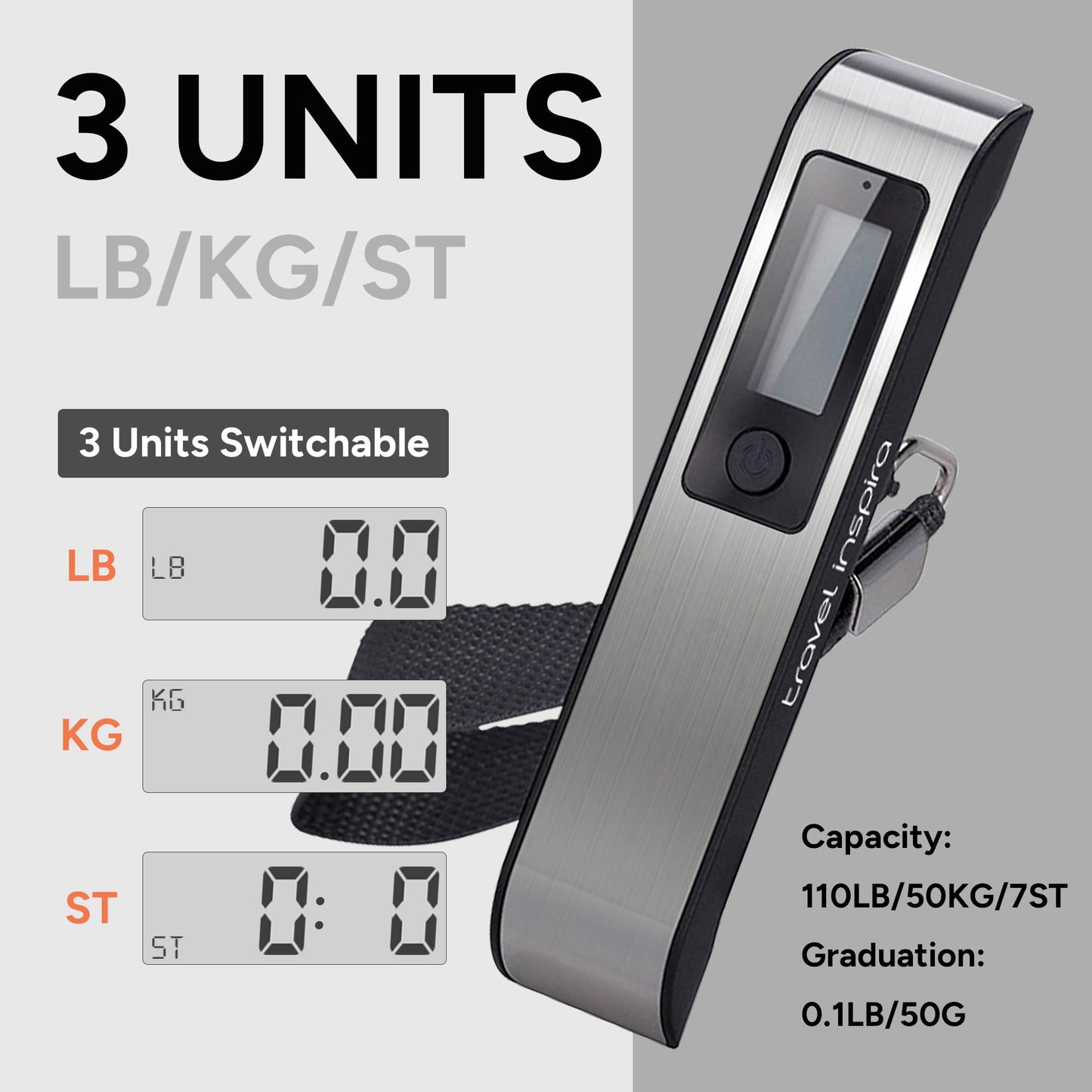 travel inspira Luggage Scale, Portable Digital Hanging Baggage Scale for Travel, Suitcase Weight Scale with Rubber Paint, 110 Pounds, Battery Included