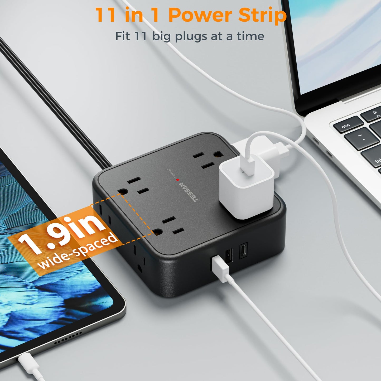 Surge Protector Flat Extension Cord Flat Plug Power Strip, 8 AC Outlets, 3 USB Charger(1 USB C Port) 3-Sided Outlet Extender, 5 Ft, 900 Joules Protection, Office Supplies, Dorm Room Essentials, Grey