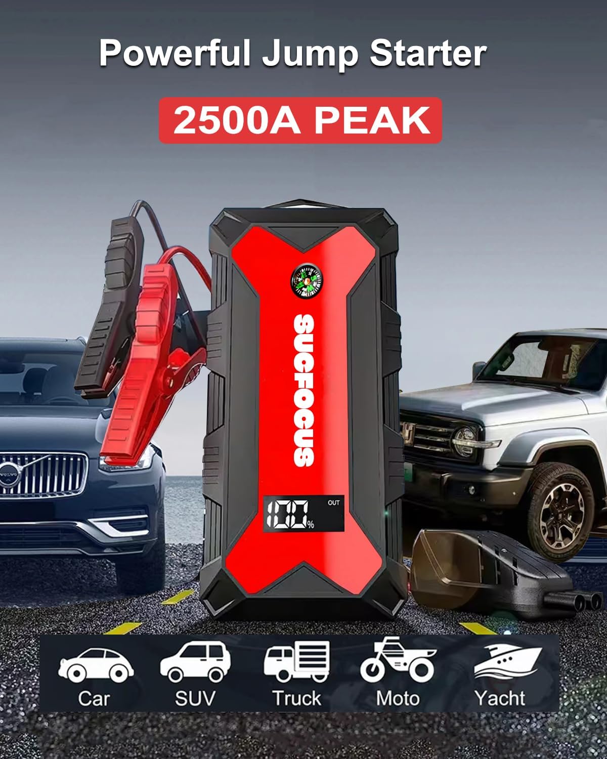 Jump Starter, 2500A Battery Jumper Starter Portable (for 7.0L Gas or 5.5L Diesel Engine), Car Battery Jump Starter, Jump Box, Jump Start Battery Pack with Jumper Cable, LED Light/USB QC3.0