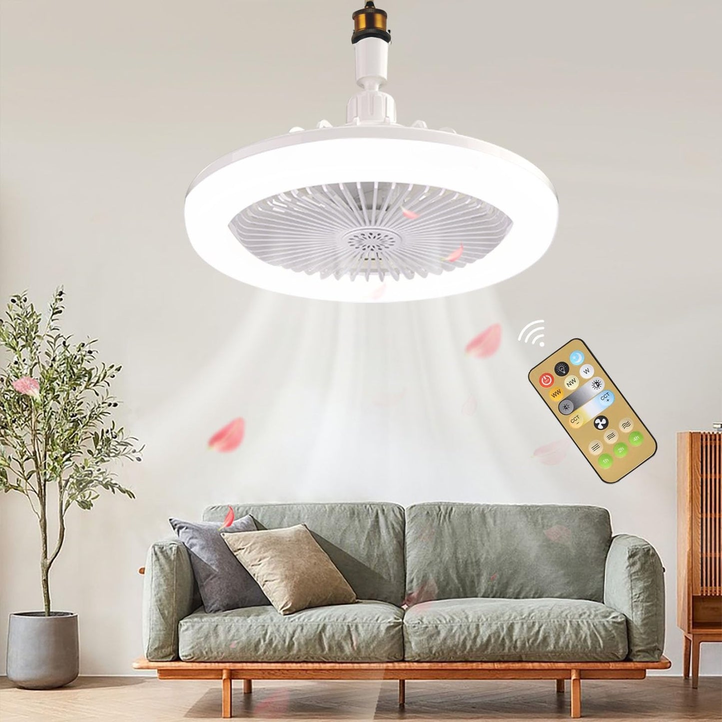 E26/E27 Ceiling Fan with Lights Remote, Mini 10 Inch Enclosed Low Profile Fan Light, Ceiling Light with Fan 3 Speeds 3 Light Color Dimming and Timing,Summer Gift for Bedroom Dormitory (White)