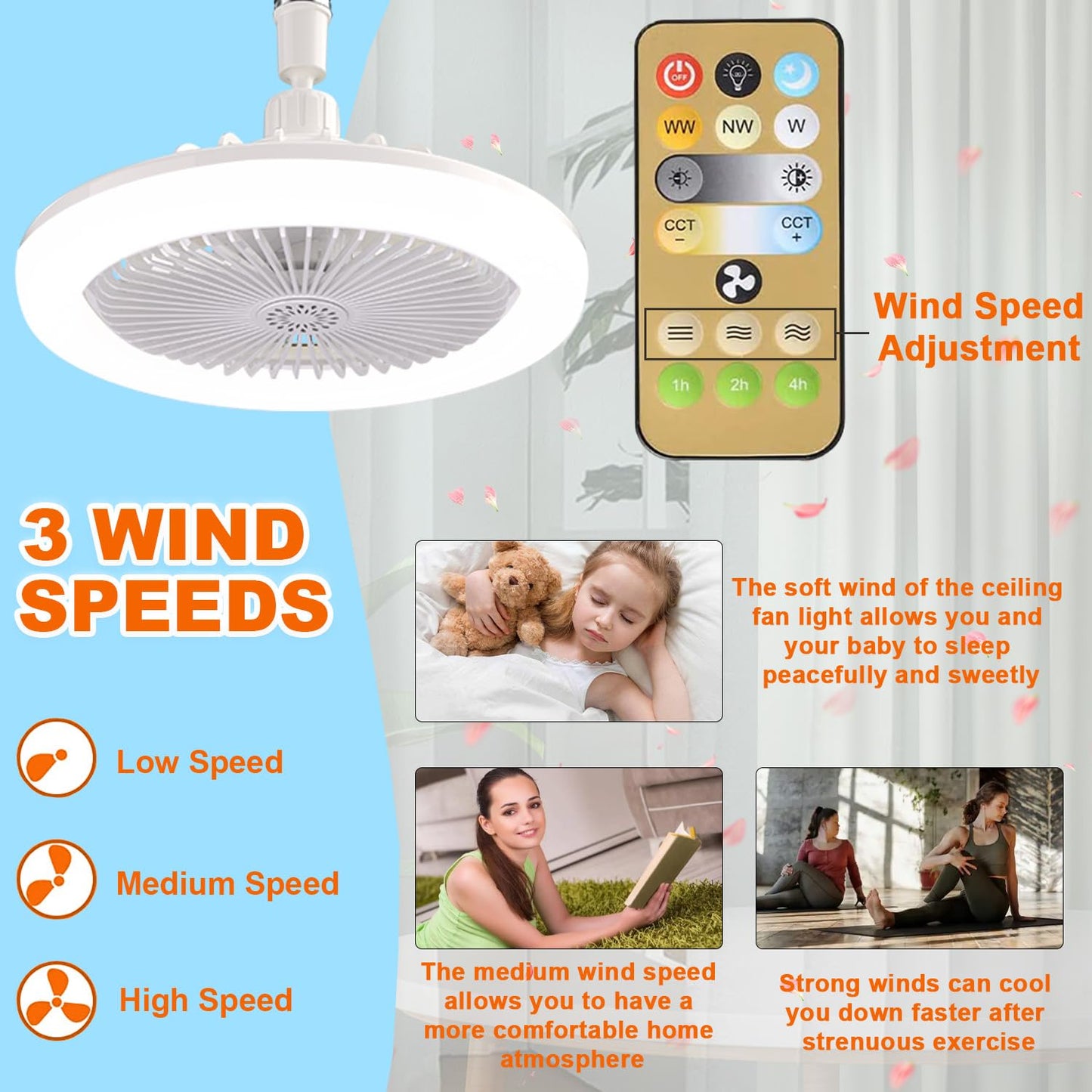 E26/E27 Ceiling Fan with Lights Remote, Mini 10 Inch Enclosed Low Profile Fan Light, Ceiling Light with Fan 3 Speeds 3 Light Color Dimming and Timing,Summer Gift for Bedroom Dormitory (White)