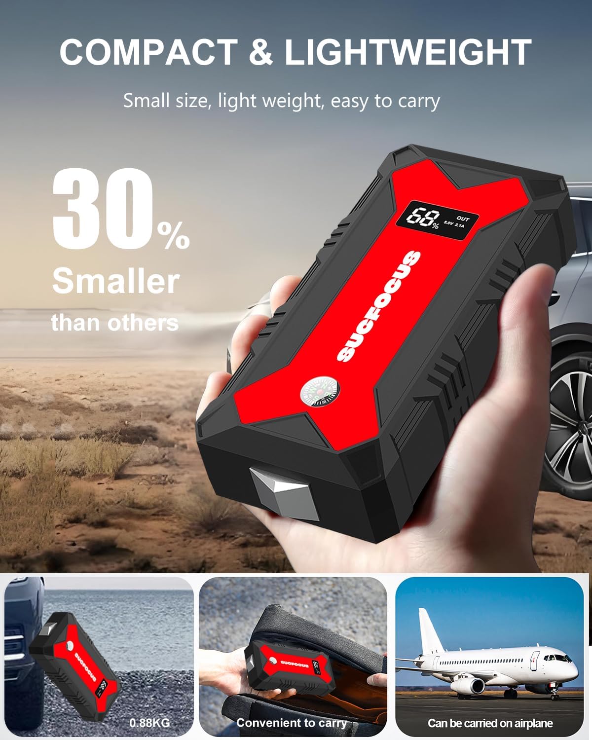 Jump Starter, 2500A Battery Jumper Starter Portable (for 7.0L Gas or 5.5L Diesel Engine), Car Battery Jump Starter, Jump Box, Jump Start Battery Pack with Jumper Cable, LED Light/USB QC3.0