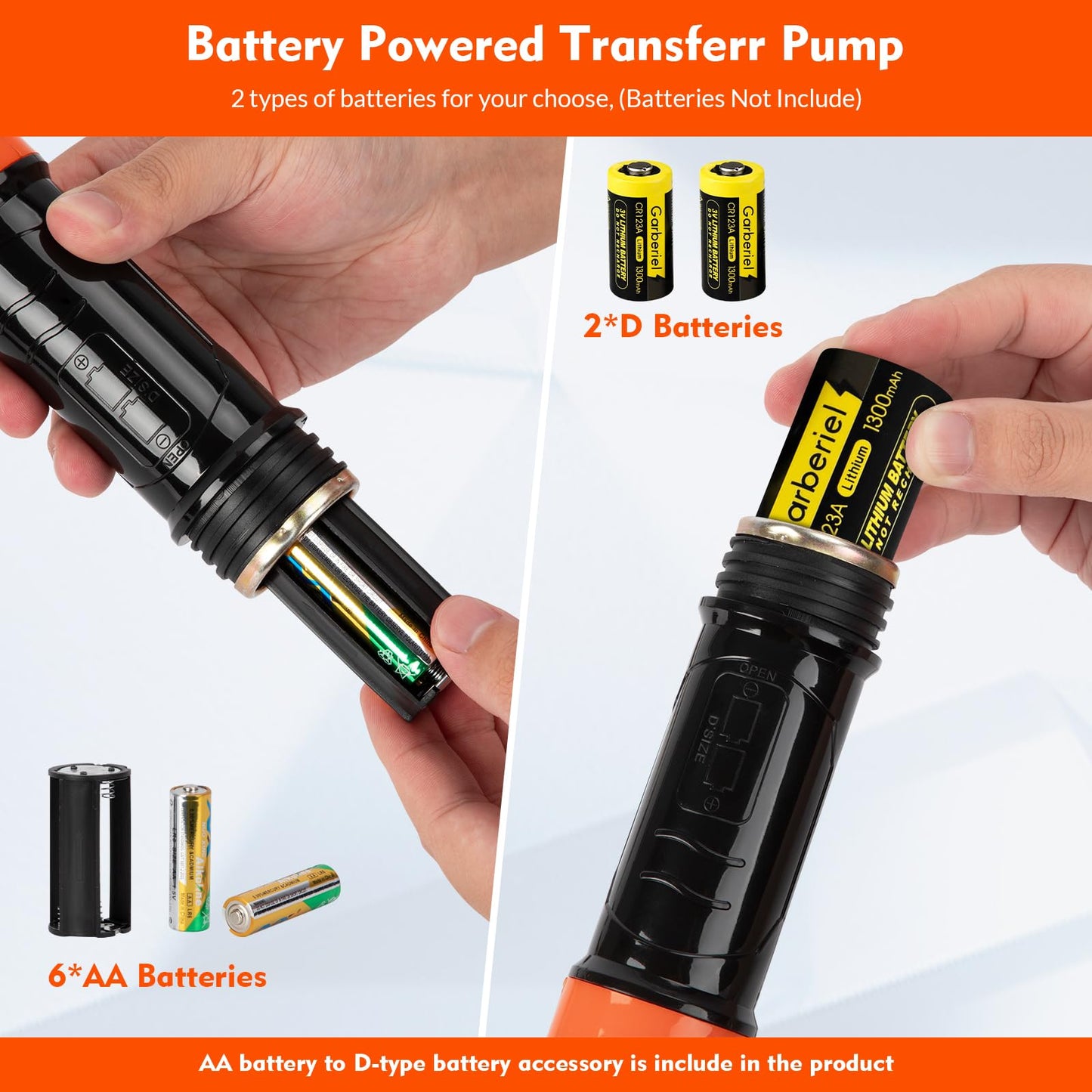 Portable Transfer Pump Battery Operated Electric Siphon Pump for Gas, Fuel, Diesel, Water Transfer 2.6 GPM Flow Oil Extractor -Easy to Use Hand Fuel Pump, Multi-Use Siphon Fuel Transfer Pump (Orange)