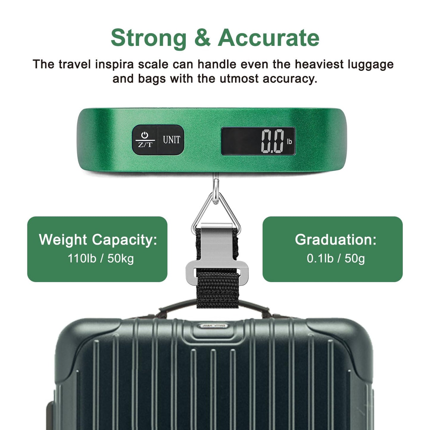 travel inspira Luggage Scale, Portable Digital Hanging Baggage Scale for Travel, Suitcase Weight Scale with Rubber Paint, 110 Pounds, Battery Included