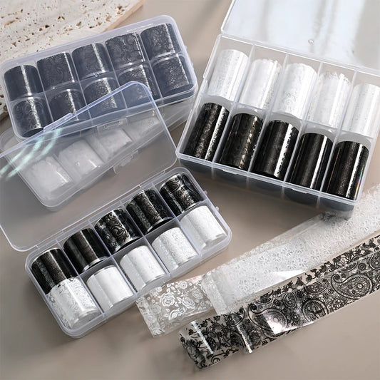 10Rolls/Box White+Black Lace Design Nail Transfer Foils Stickers 3D Mixed Sexy Lace Flower Pattern Nail Decals DIY Manicure Deco