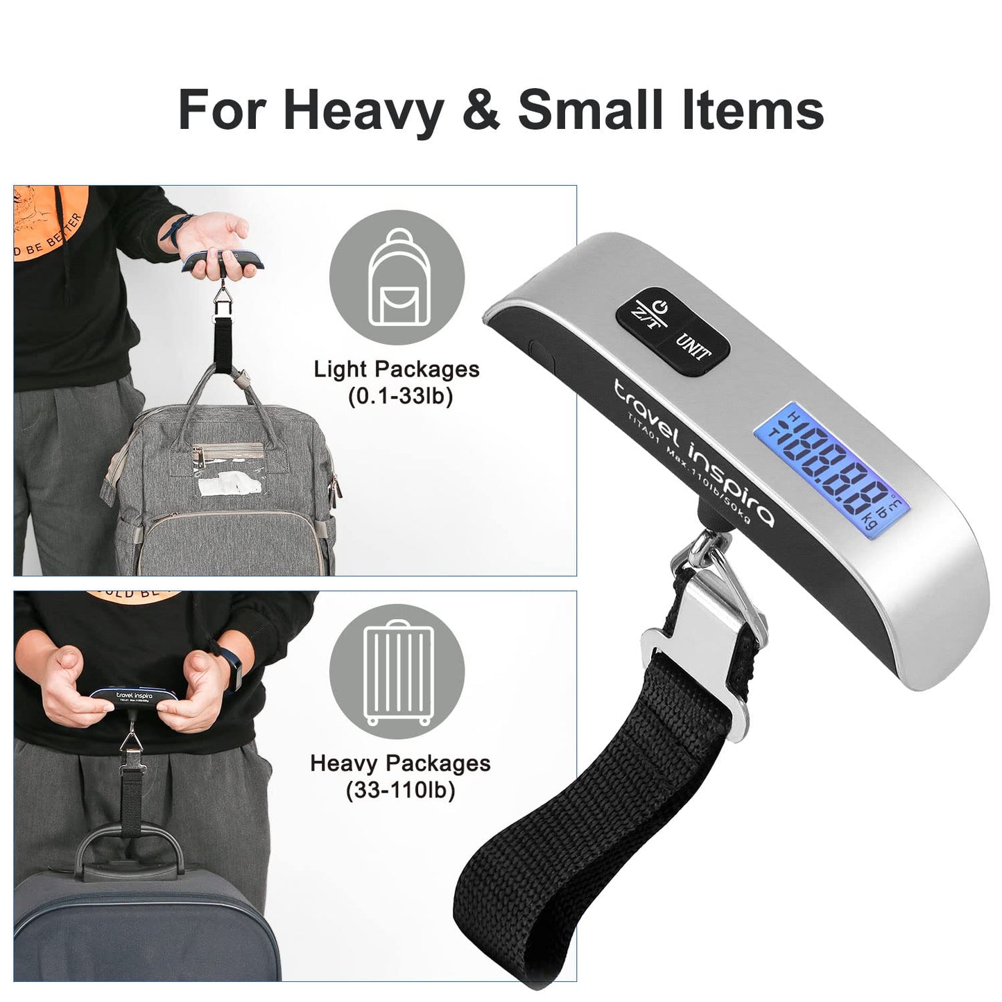 travel inspira Luggage Scale, Portable Digital Hanging Baggage Scale for Travel, Suitcase Weight Scale with Rubber Paint, 110 Pounds, Battery Included