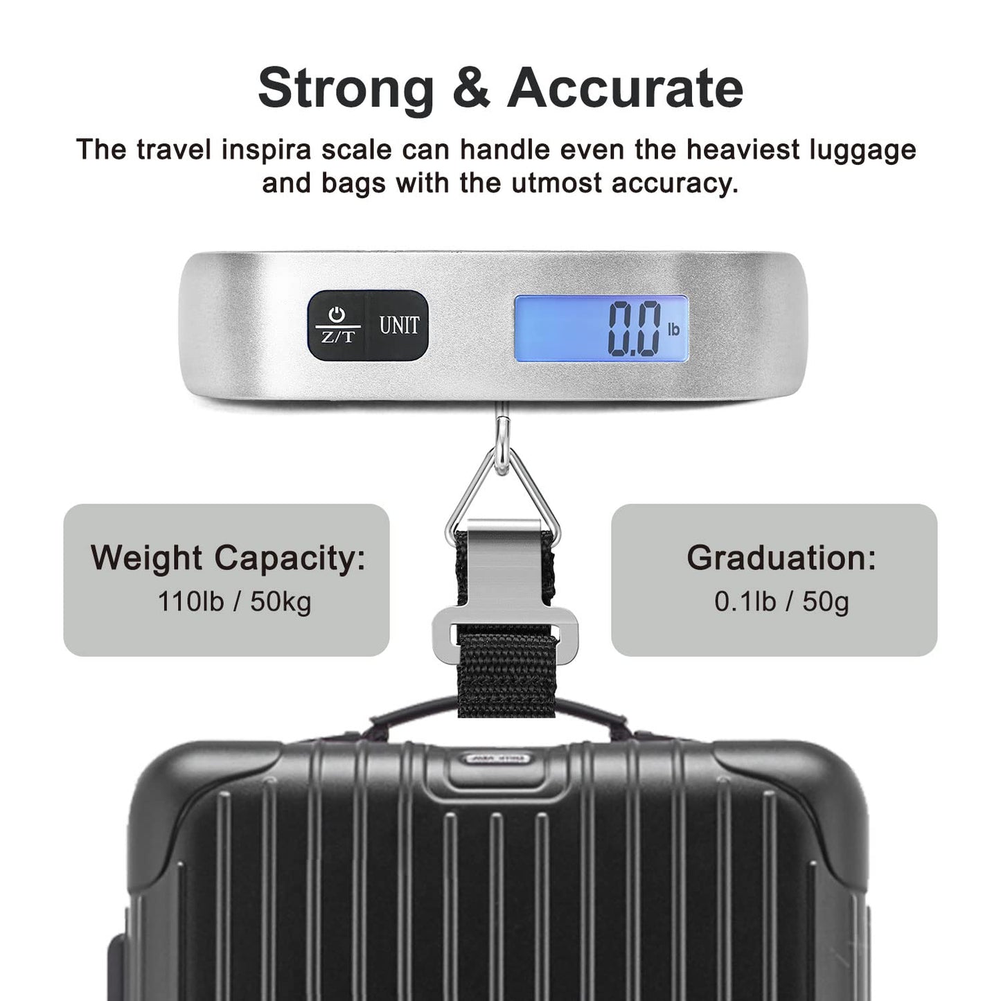 travel inspira Luggage Scale, Portable Digital Hanging Baggage Scale for Travel, Suitcase Weight Scale with Rubber Paint, 110 Pounds, Battery Included