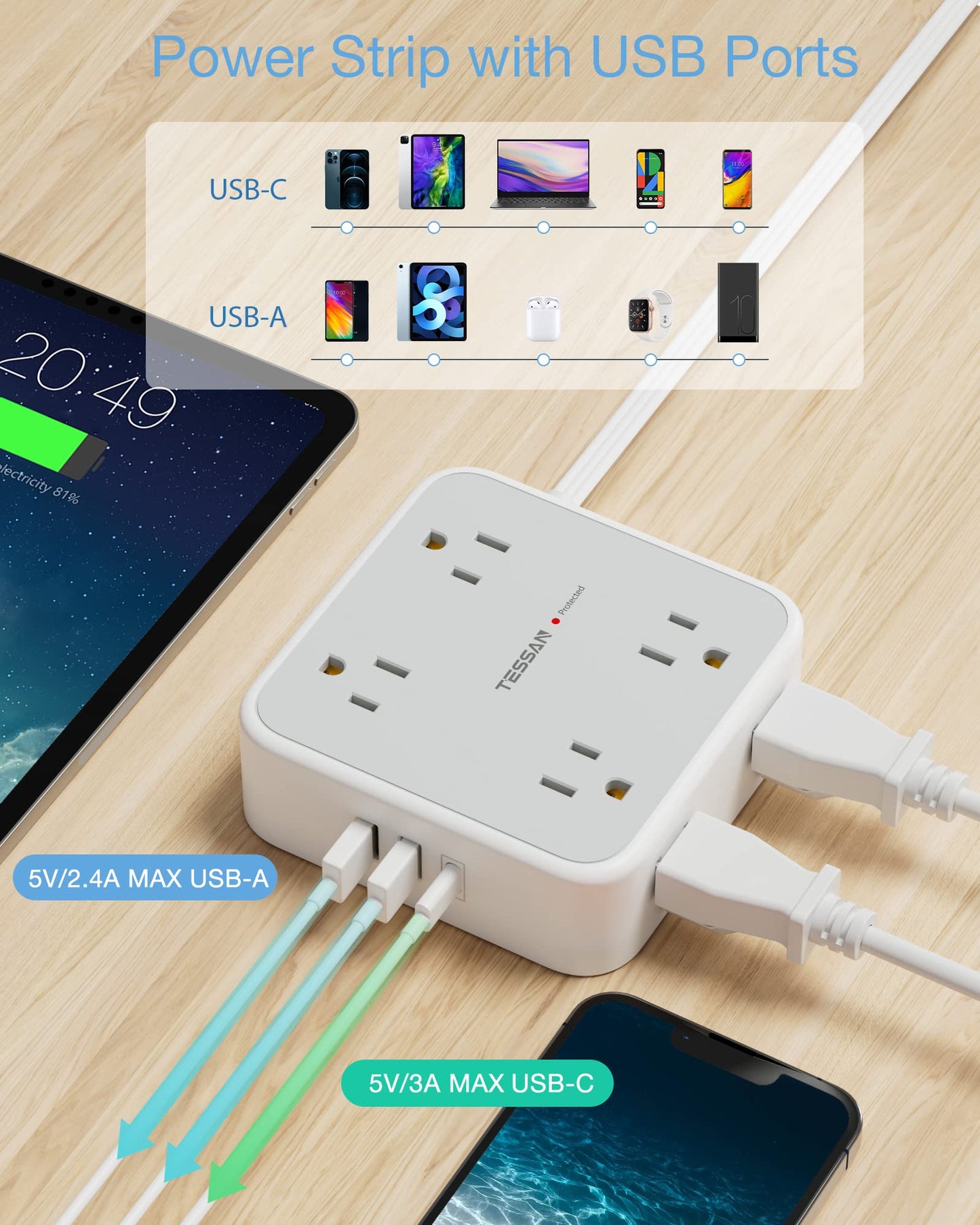 Surge Protector Flat Extension Cord Flat Plug Power Strip, 8 AC Outlets, 3 USB Charger(1 USB C Port) 3-Sided Outlet Extender, 5 Ft, 900 Joules Protection, Office Supplies, Dorm Room Essentials, Grey