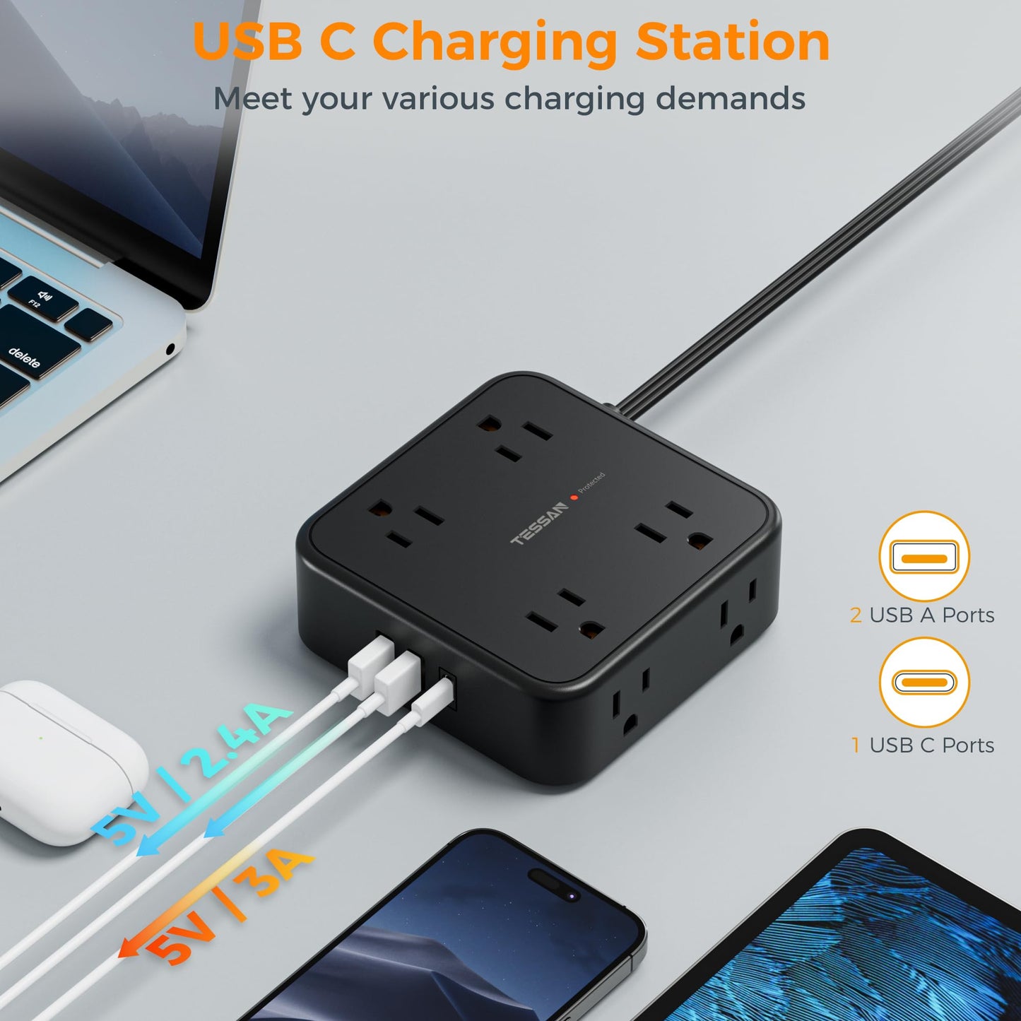 Surge Protector Flat Extension Cord Flat Plug Power Strip, 8 AC Outlets, 3 USB Charger(1 USB C Port) 3-Sided Outlet Extender, 5 Ft, 900 Joules Protection, Office Supplies, Dorm Room Essentials, Grey