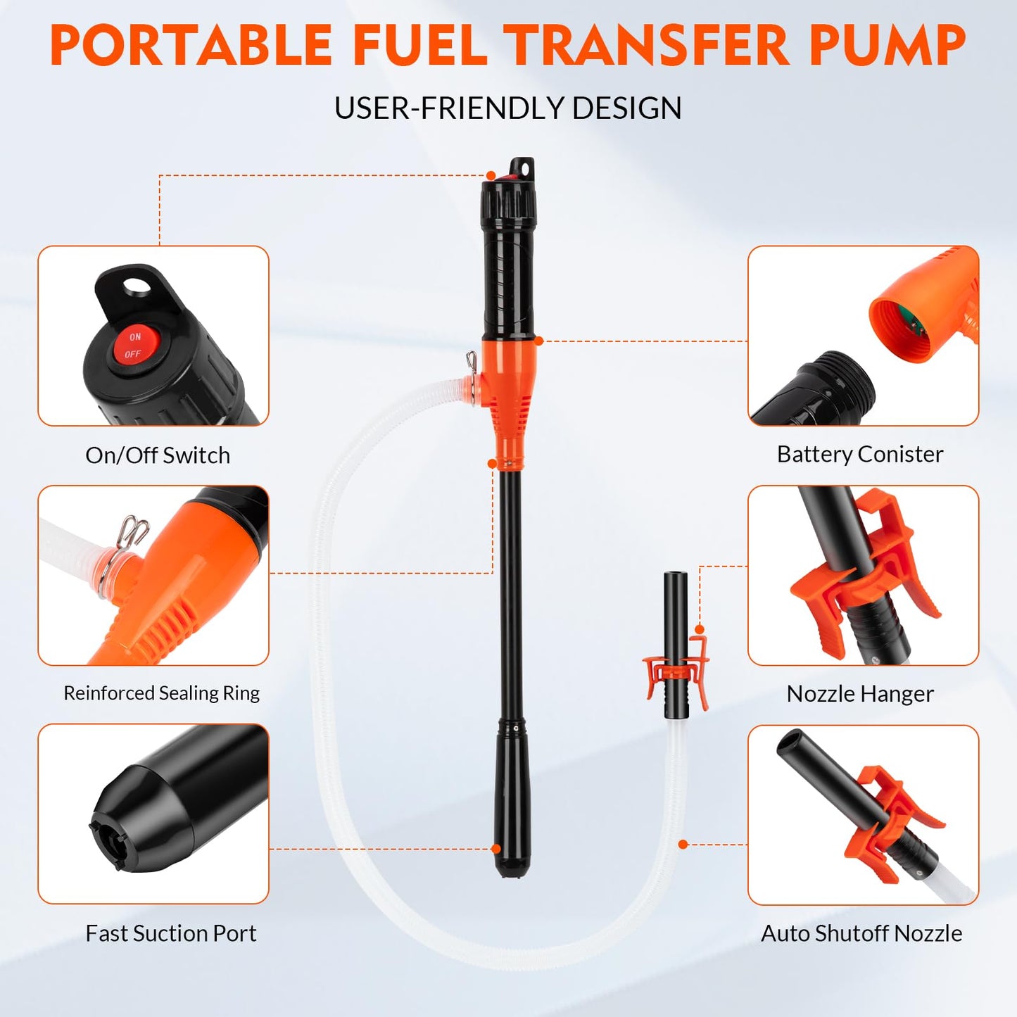 Portable Transfer Pump Battery Operated Electric Siphon Pump for Gas, Fuel, Diesel, Water Transfer 2.6 GPM Flow Oil Extractor -Easy to Use Hand Fuel Pump, Multi-Use Siphon Fuel Transfer Pump (Orange)