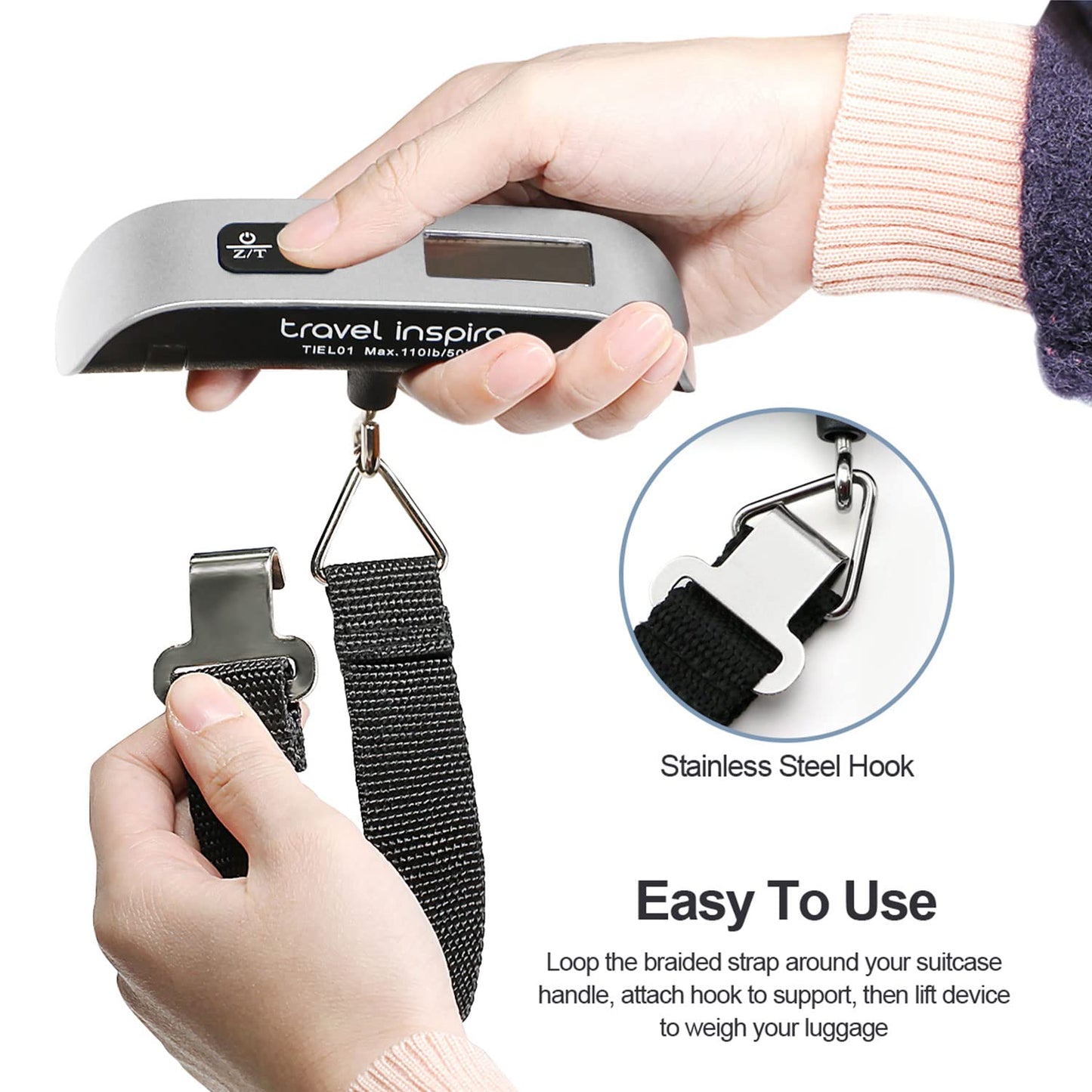 travel inspira Luggage Scale, Portable Digital Hanging Baggage Scale for Travel, Suitcase Weight Scale with Rubber Paint, 110 Pounds, Battery Included