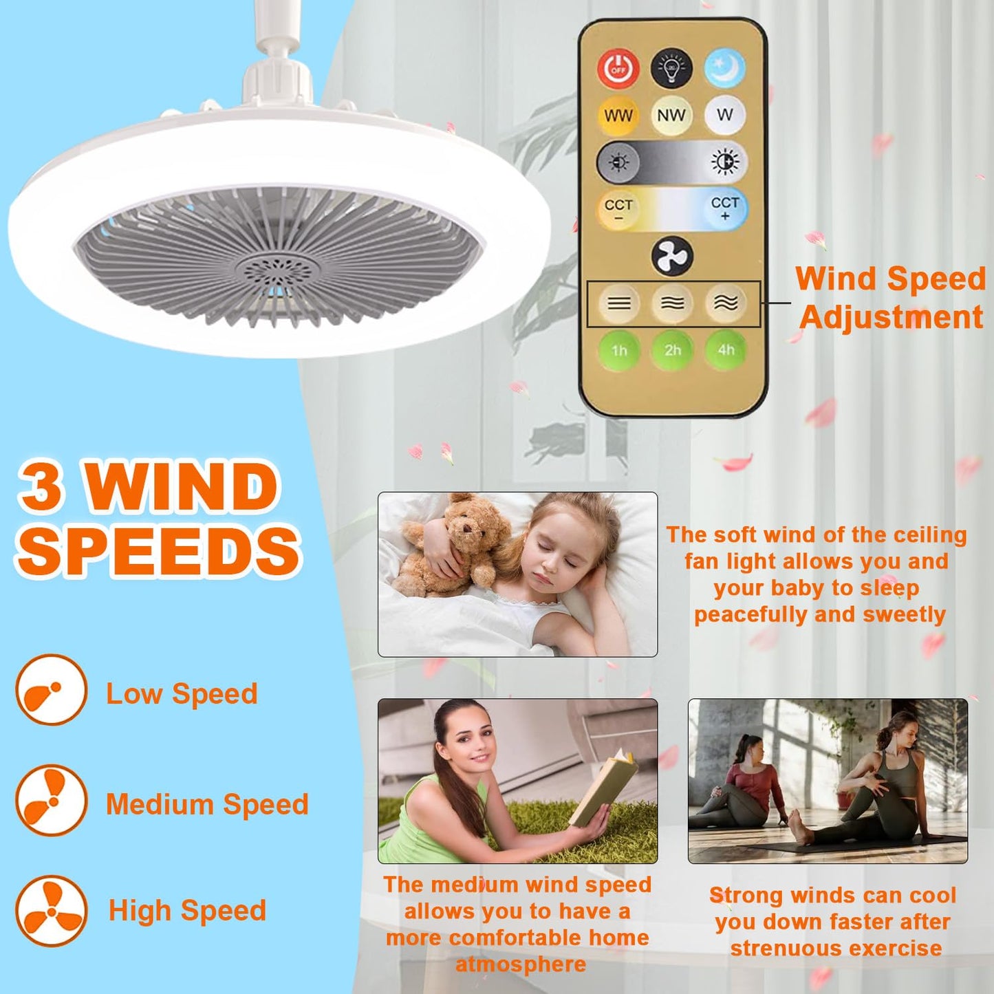 E26/E27 Ceiling Fan with Lights Remote, Mini 10 Inch Enclosed Low Profile Fan Light, Ceiling Light with Fan 3 Speeds 3 Light Color Dimming and Timing,Summer Gift for Bedroom Dormitory (White)