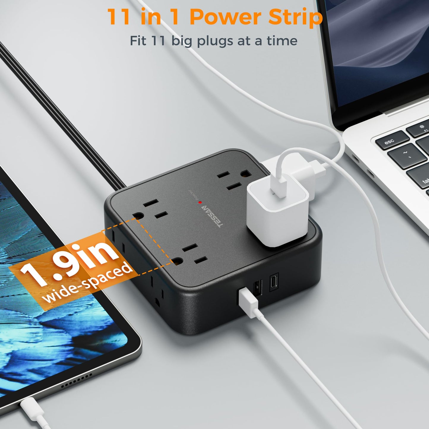 Surge Protector Flat Extension Cord Flat Plug Power Strip, 8 AC Outlets, 3 USB Charger(1 USB C Port) 3-Sided Outlet Extender, 5 Ft, 900 Joules Protection, Office Supplies, Dorm Room Essentials, Grey