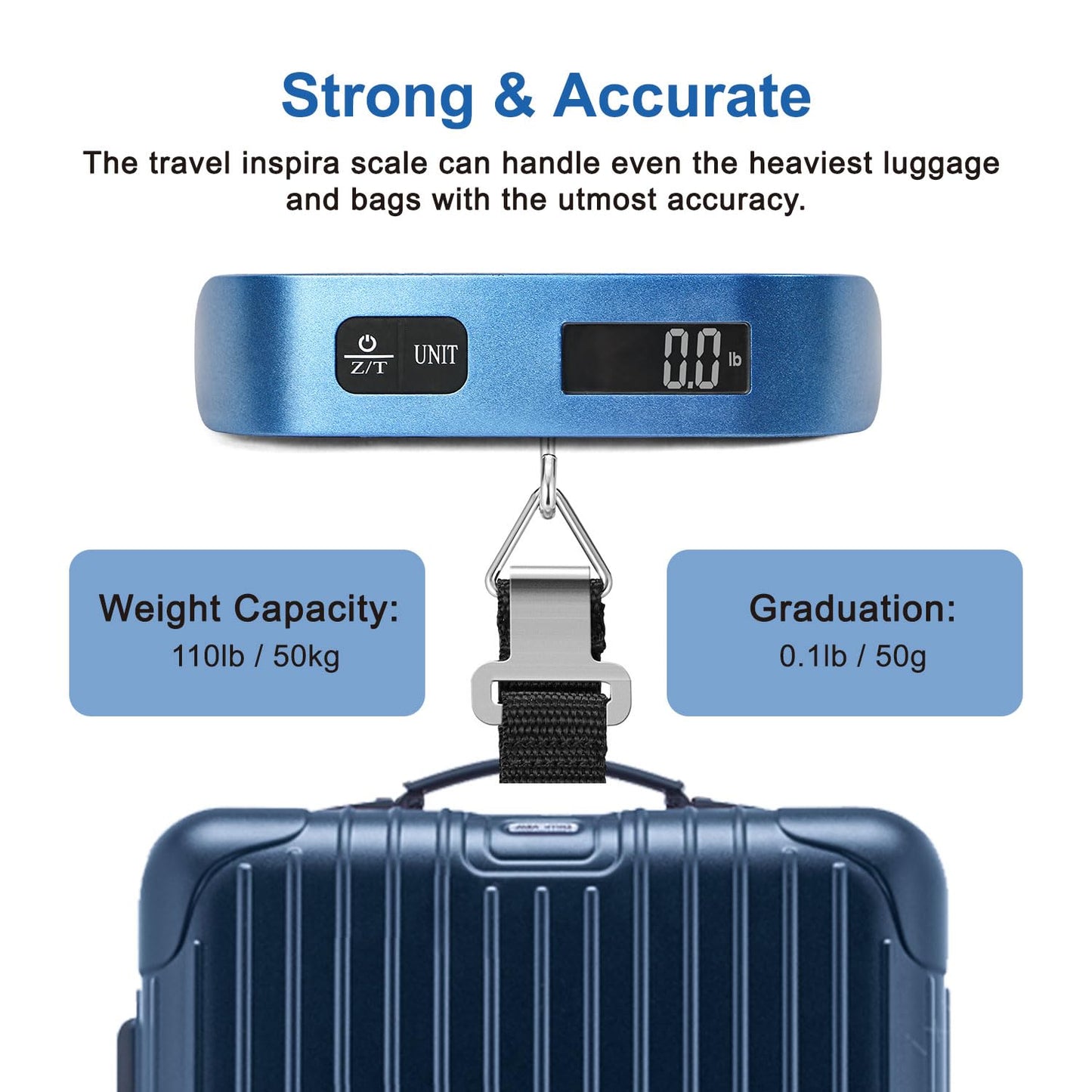 travel inspira Luggage Scale, Portable Digital Hanging Baggage Scale for Travel, Suitcase Weight Scale with Rubber Paint, 110 Pounds, Battery Included