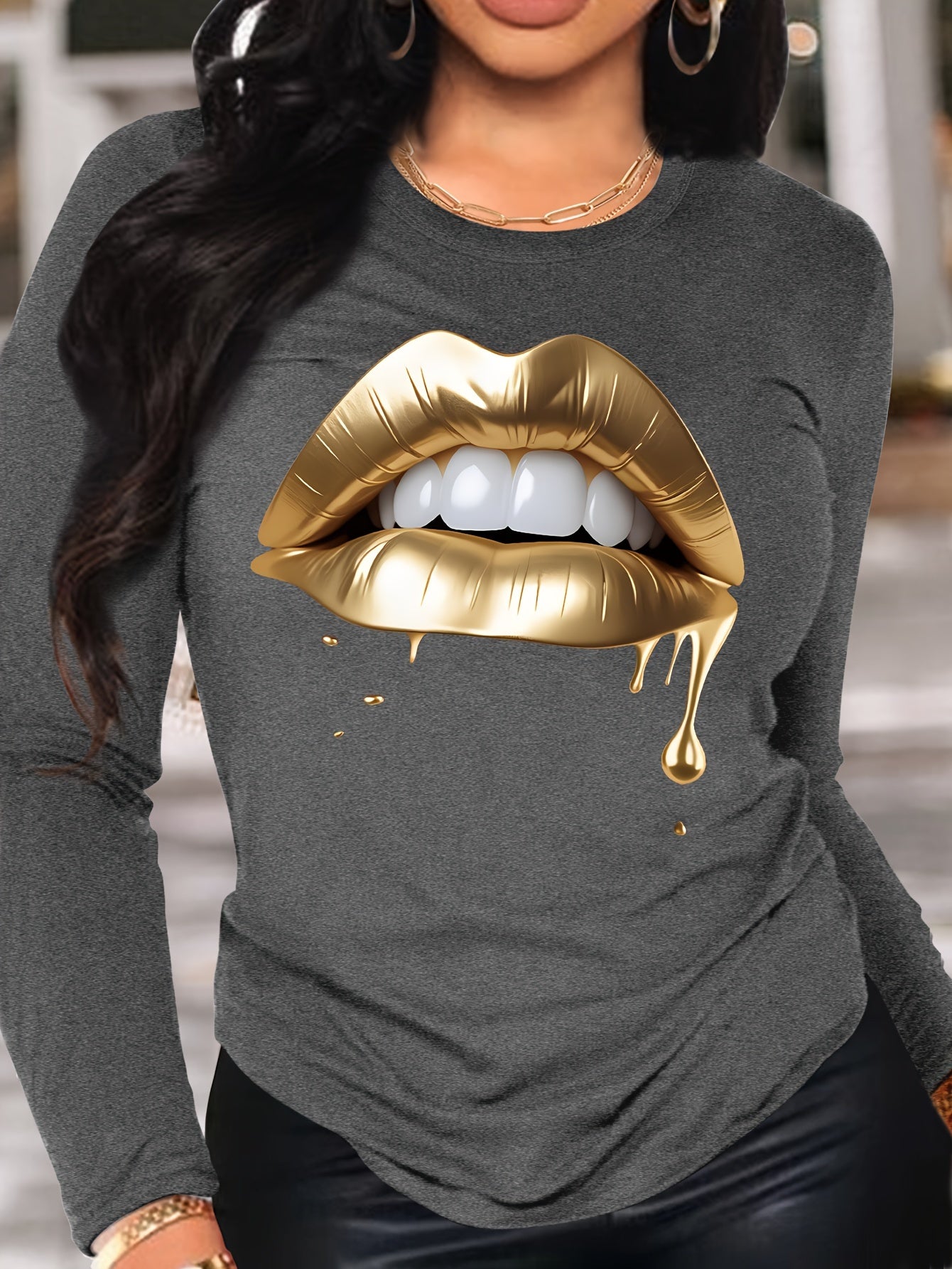 Vibrant Lips Print Long Sleeve Crew Neck T-shirt - Women's Casual Spring & Fall Clothing - Comfortable, Relaxed Fit, Soft Fabric, Stylish Graphic Tee for Ladies