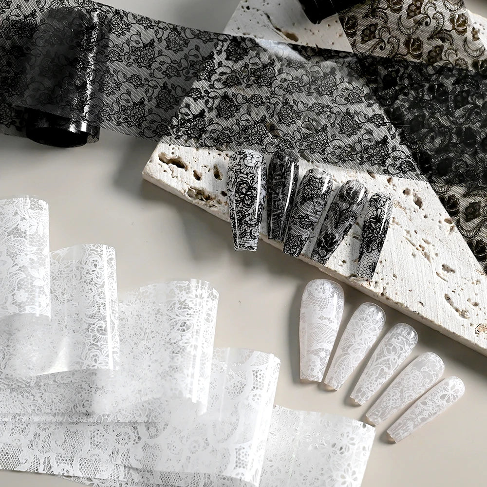10Rolls/Box White+Black Lace Design Nail Transfer Foils Stickers 3D Mixed Sexy Lace Flower Pattern Nail Decals DIY Manicure Deco