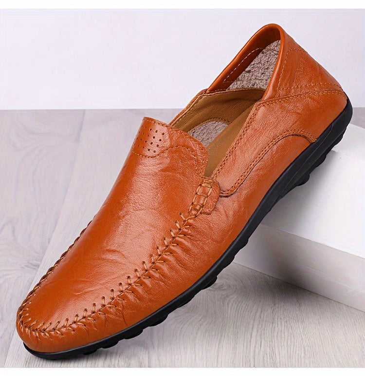 CLOHOO Men's Genuine -like Upper Slip-On Dress Loafers - All-Season Round-Toe Business Casual Shoes with PU, Brown/Black, Durable Rubber Sole for Office, Vacation & Formal Wear (No Laces/Ties)