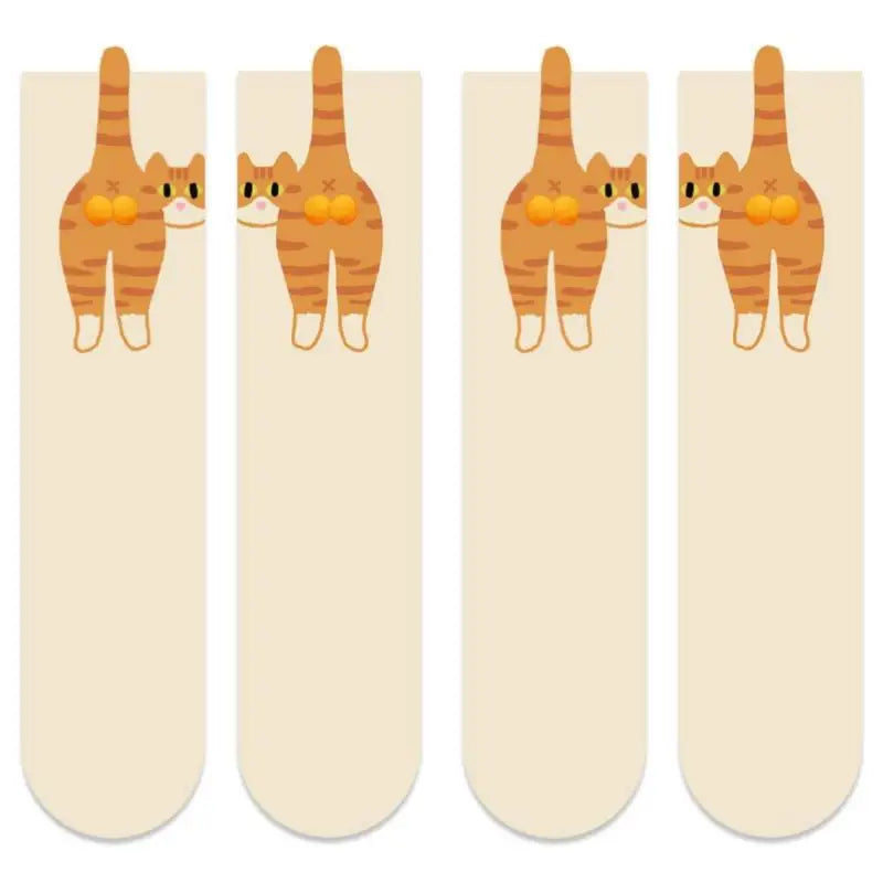 【N】 1/2 Pair Cartoon Cute Cat Balls Cotton Socks, Kawaii Lolita Knitting Middle Tube Socks with Cat Butt Print