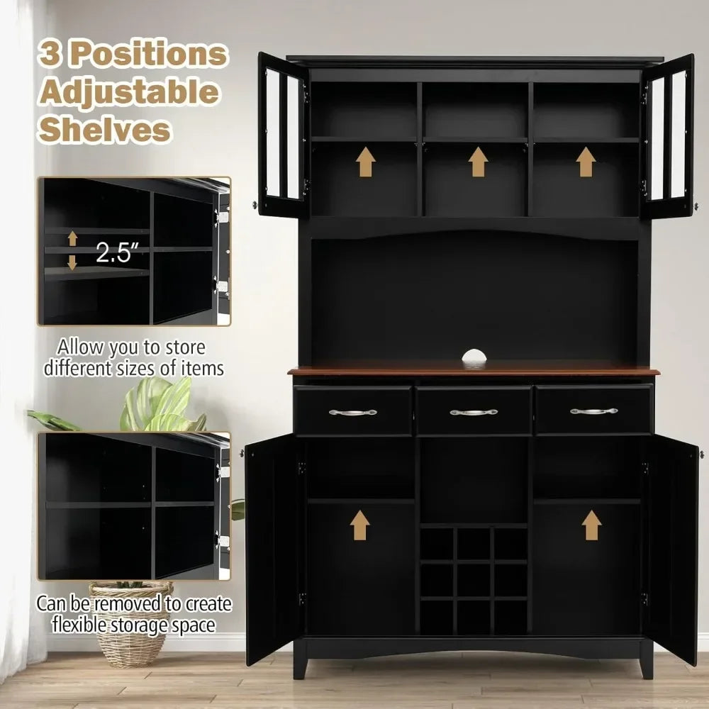 Kitchen Hutch with Storage, Glass Doors, Wine Rack, Adjustable Shelves, Pantry Storage Cabinet Sideboard, Farmhouse Cabinet