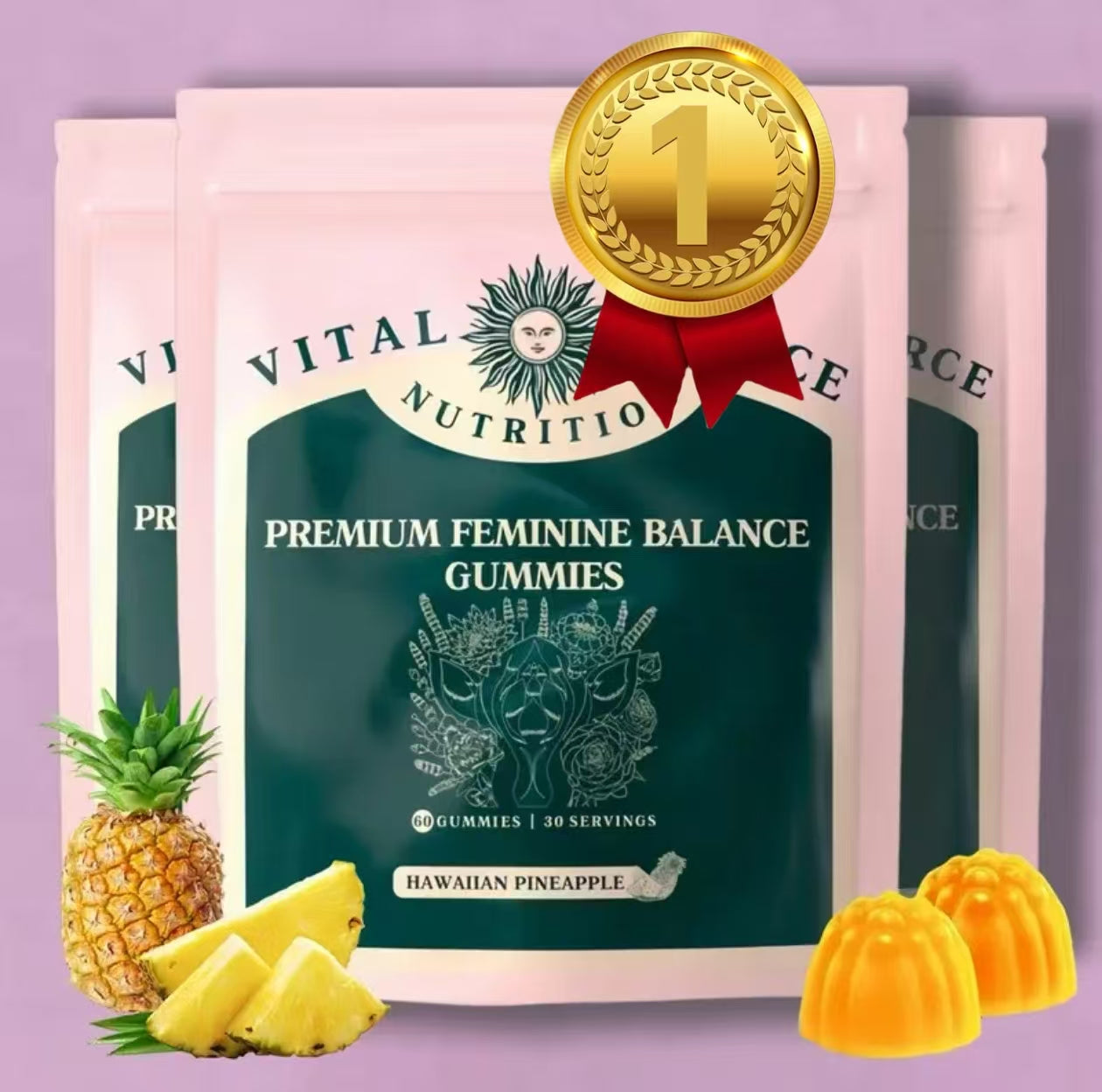 Vital Source Nutrition - Premium Feminine Balance Gummies - for Women’s Health & Wellness - Immune Support - Vegan, Gluten-Free & Halal - Hawaiian Pineapple - 60 Gummies - 30 Servings