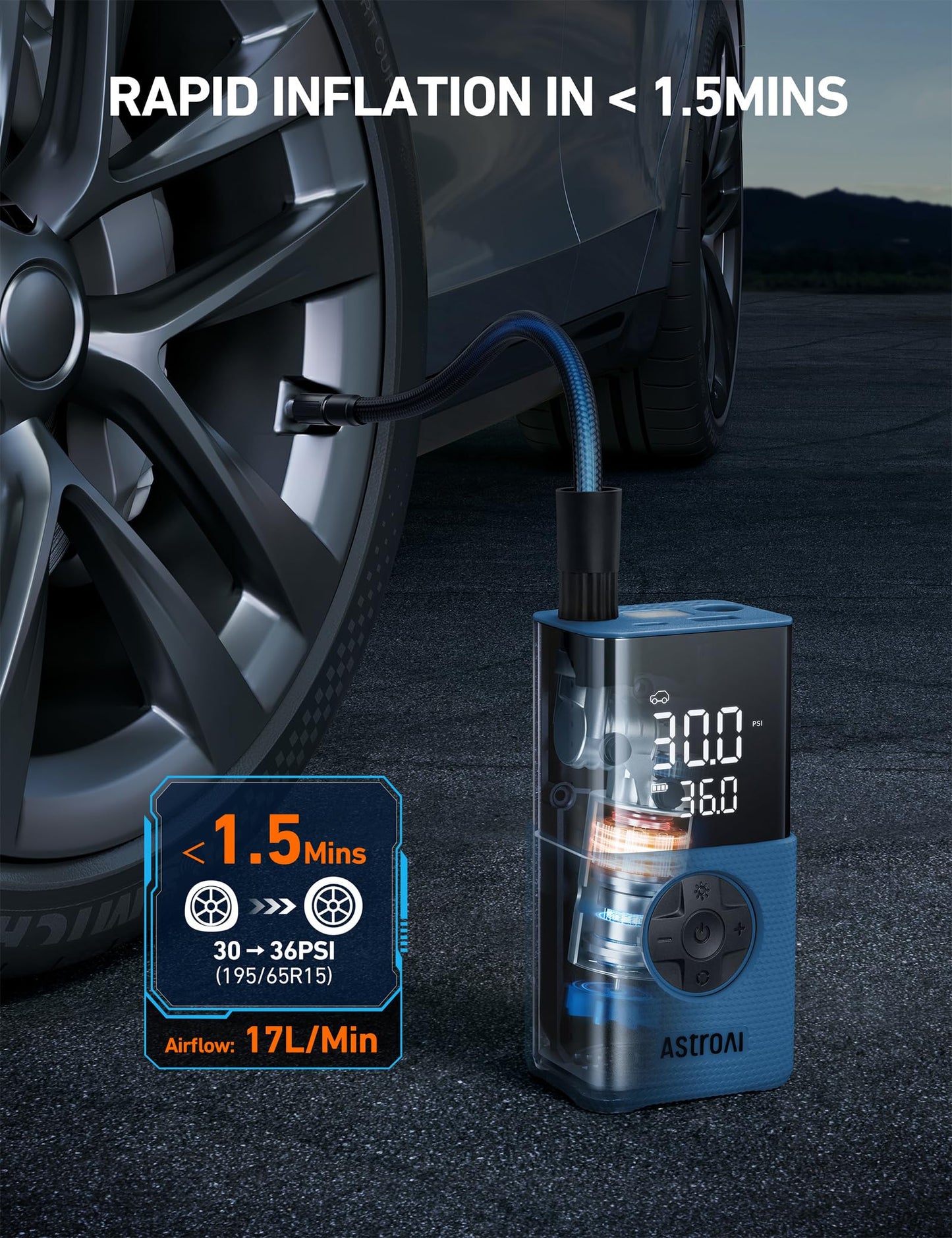 AstroAI L7 Tire Inflator Portable Air Compressor Cordless Mini Bike Pump with Digital Dual Values Display, 150 PSI Car Tires Air Pump with LED Lights&Pressure Gauge for Auto, Motorcycles, Bikes, Balls