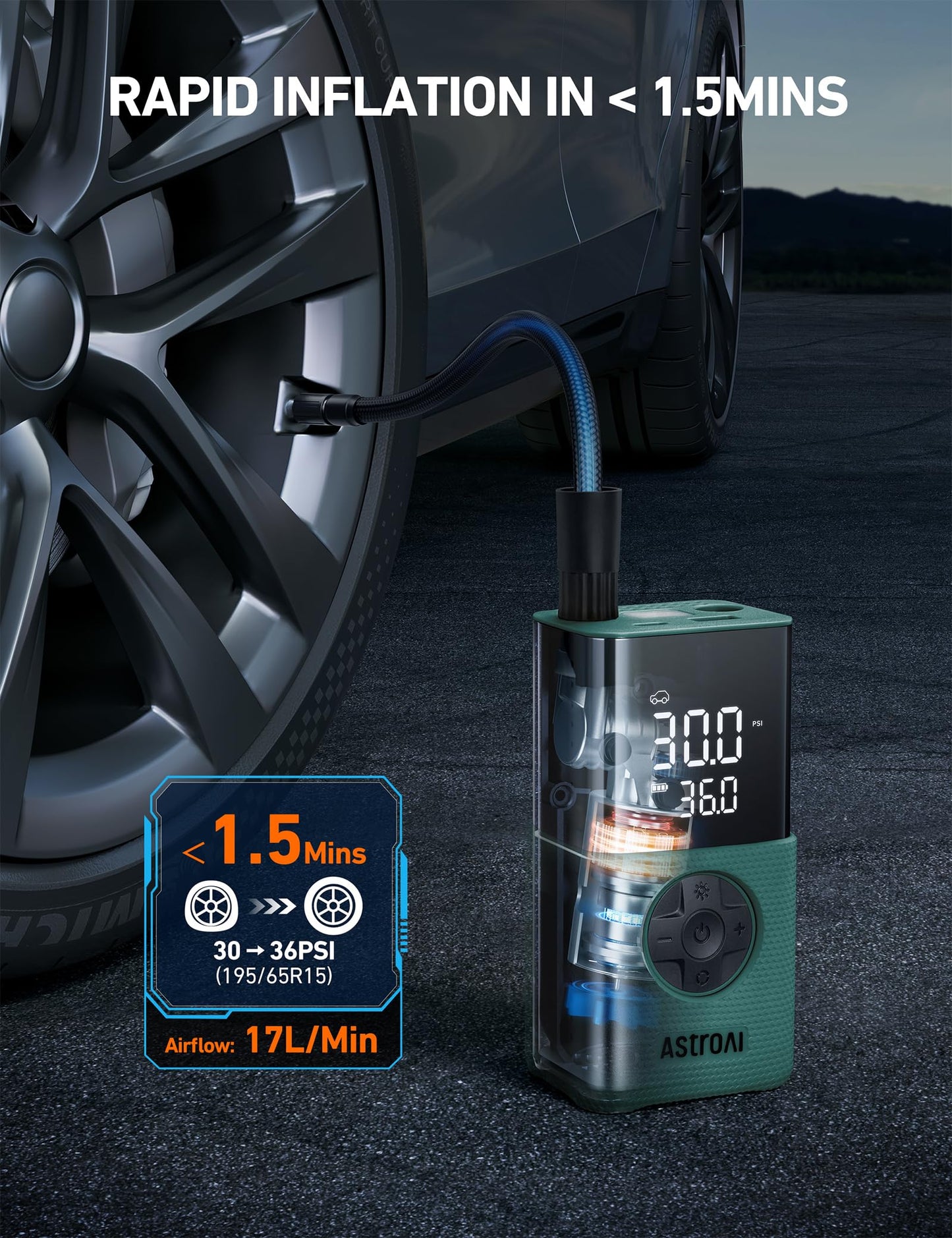 AstroAI L7 Tire Inflator Portable Air Compressor Cordless Mini Bike Pump with Digital Dual Values Display, 150 PSI Car Tires Air Pump with LED Lights&Pressure Gauge for Auto, Motorcycles, Bikes, Balls
