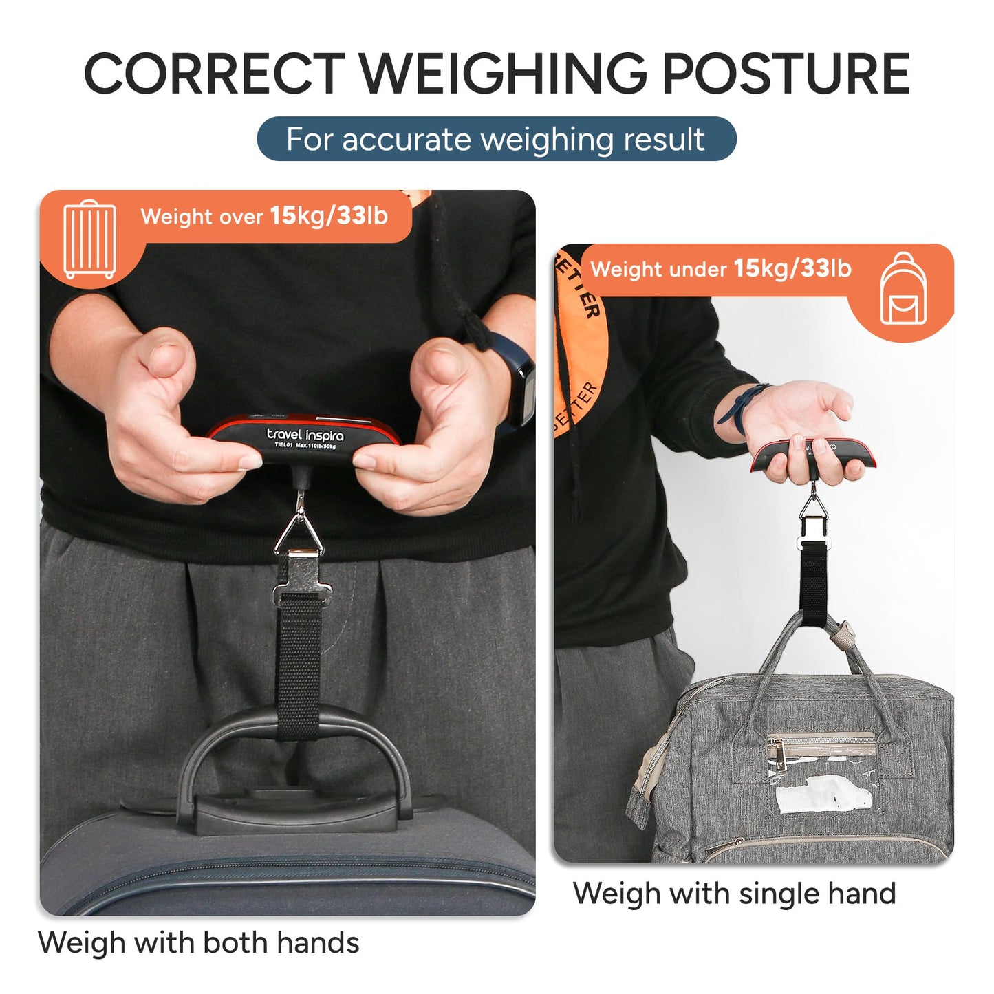 travel inspira Luggage Scale, Portable Digital Hanging Baggage Scale for Travel, Suitcase Weight Scale with Rubber Paint, 110 Pounds, Battery Included