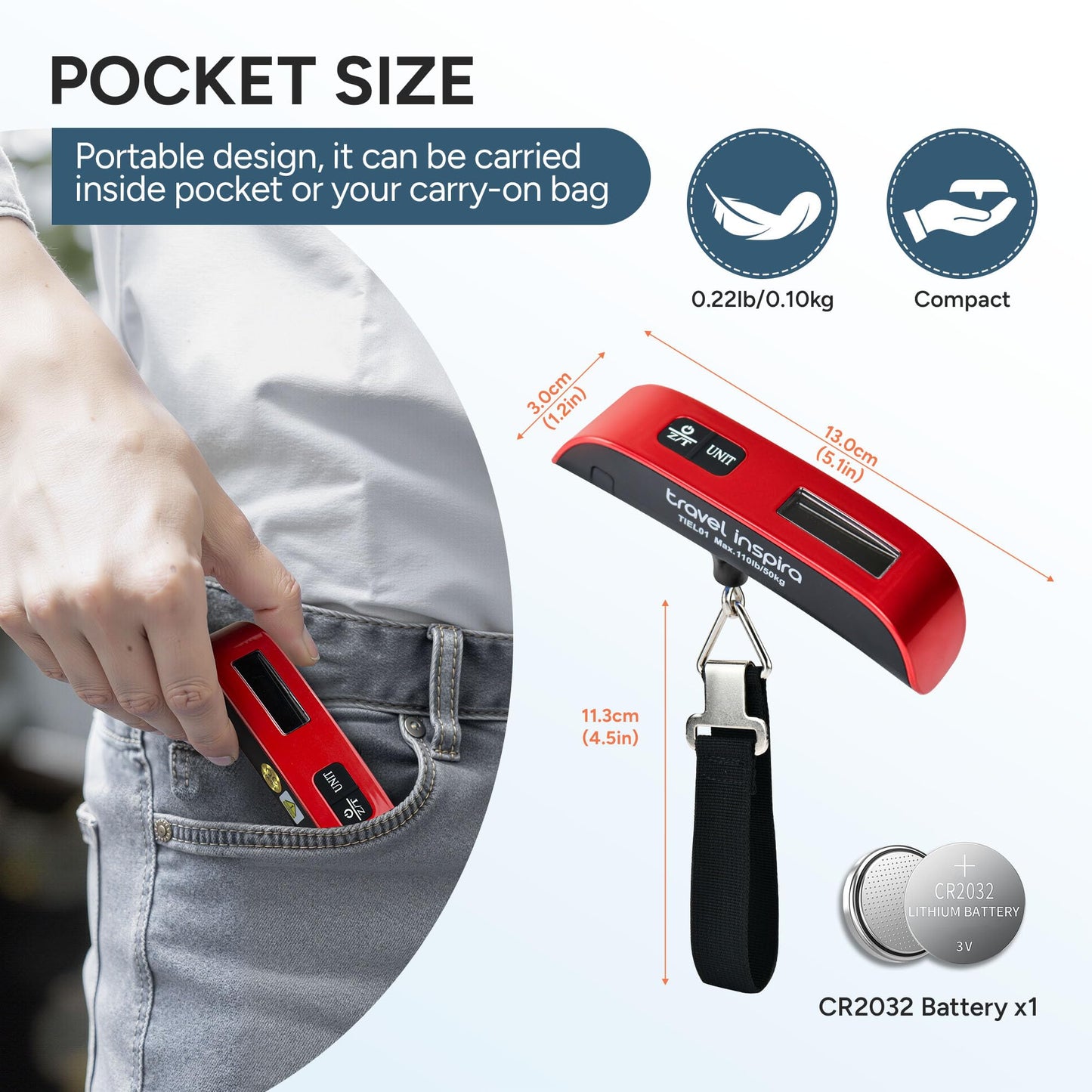 travel inspira Luggage Scale, Portable Digital Hanging Baggage Scale for Travel, Suitcase Weight Scale with Rubber Paint, 110 Pounds, Battery Included