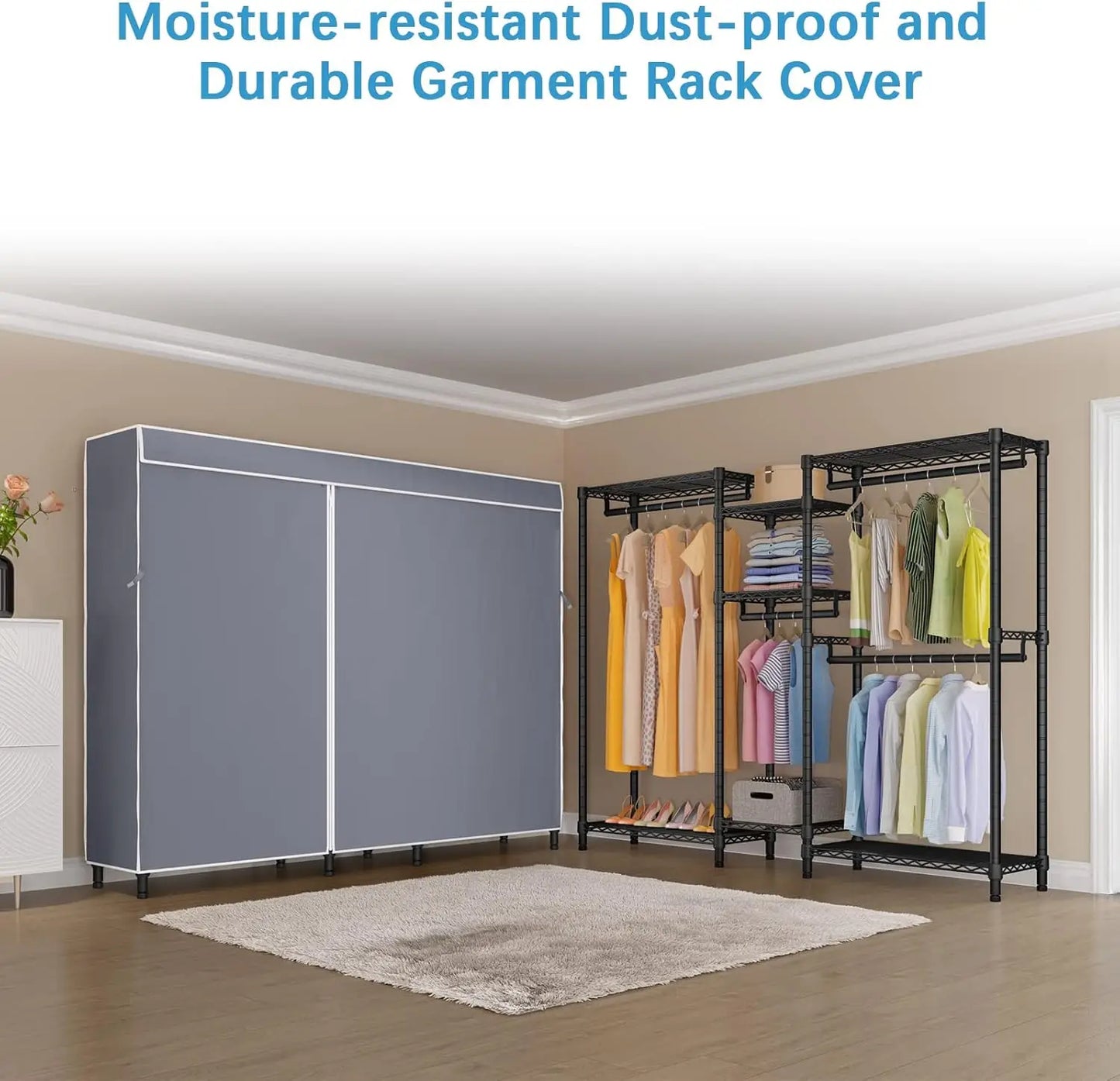 Heavy Duty Covered Clothes Rack Portable Wardrobe Closet, 5 Tiers Wire Garment Rack Black Metal Clothing Rack