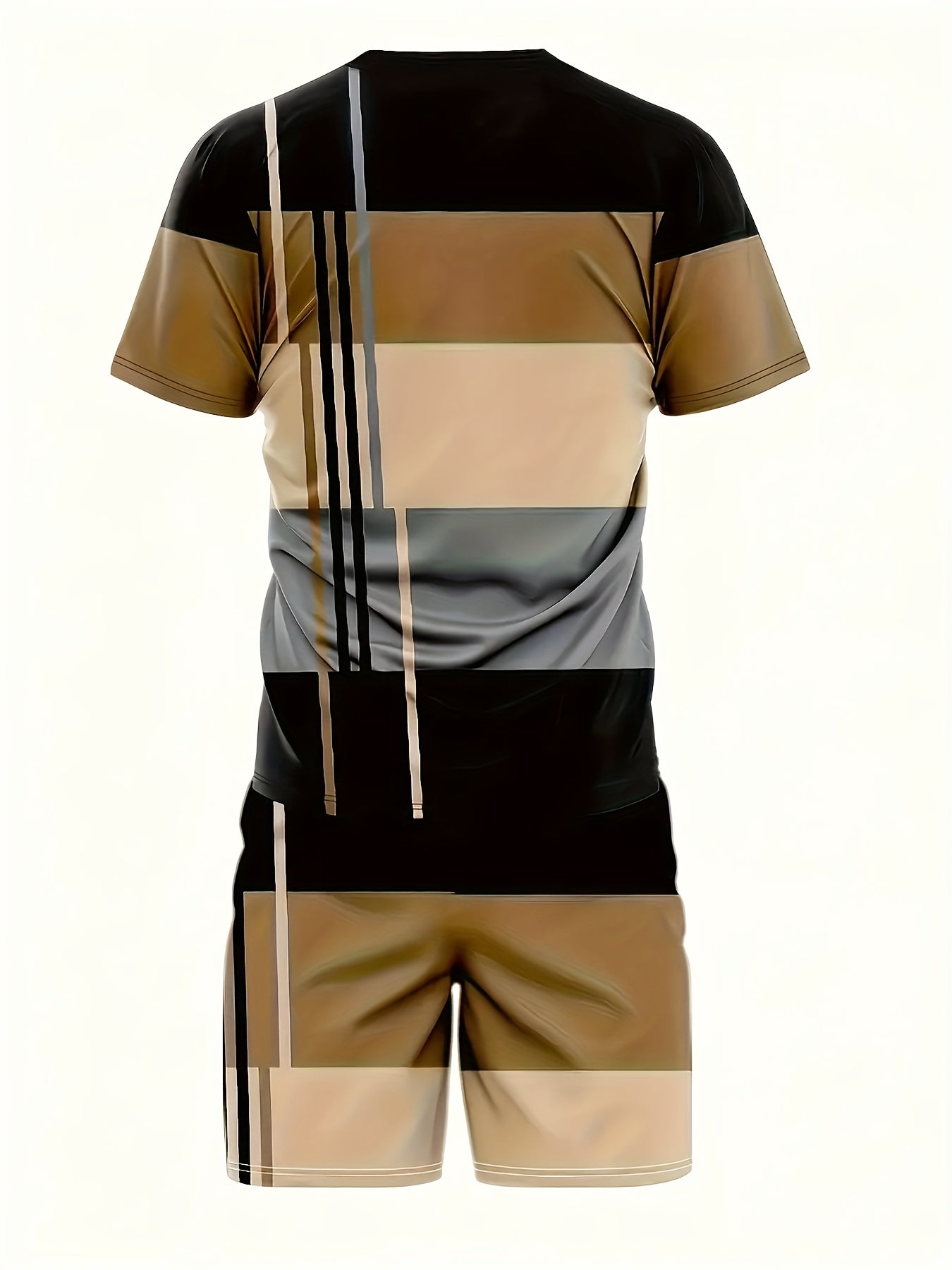 Plus size 2-piece men's fashionable striped printed pattern short sleeved round neck T-shirt and drawstring shorts set, casual street comfortable and breathable, multi-color striped plus size men's clothing