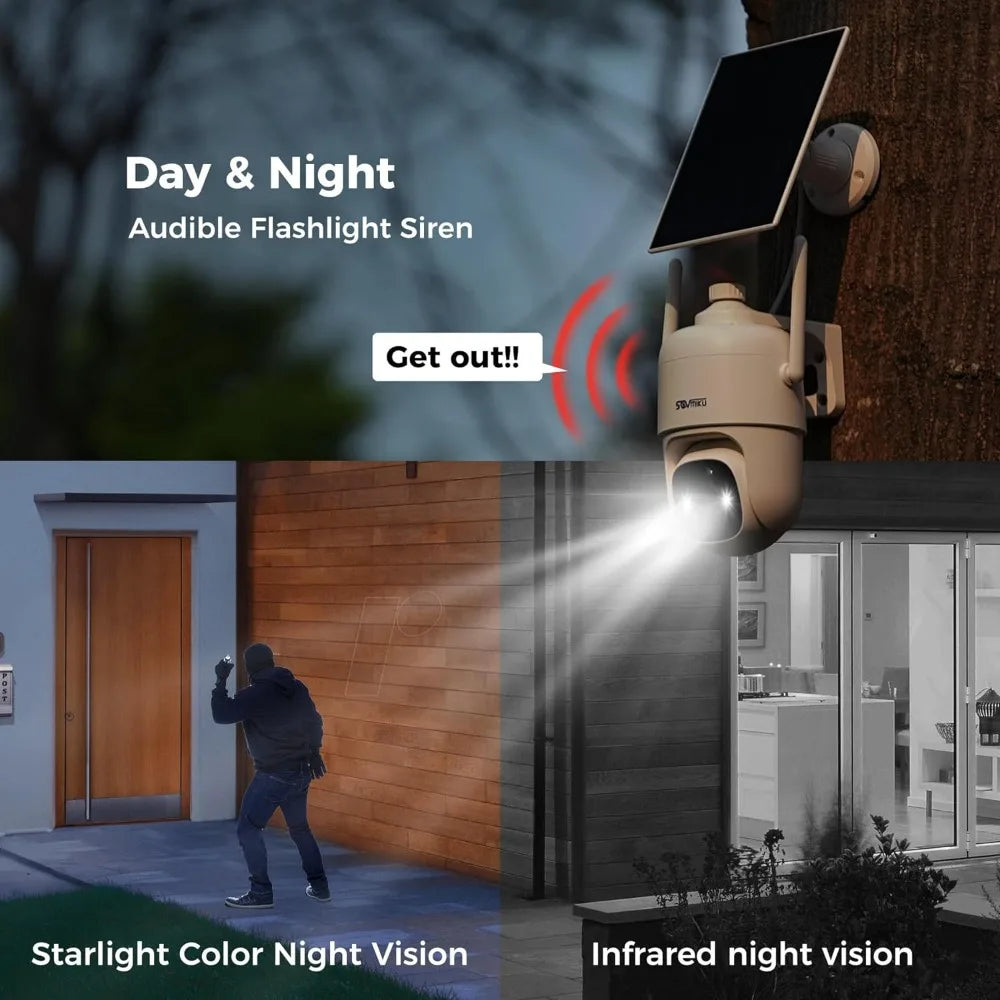 4CQ1 AI 2K Solar Security Camera Wireless Outdoor, Battery Powered, Two Way Audio, PIR Motion Detection, 360° View Pan/Tilt