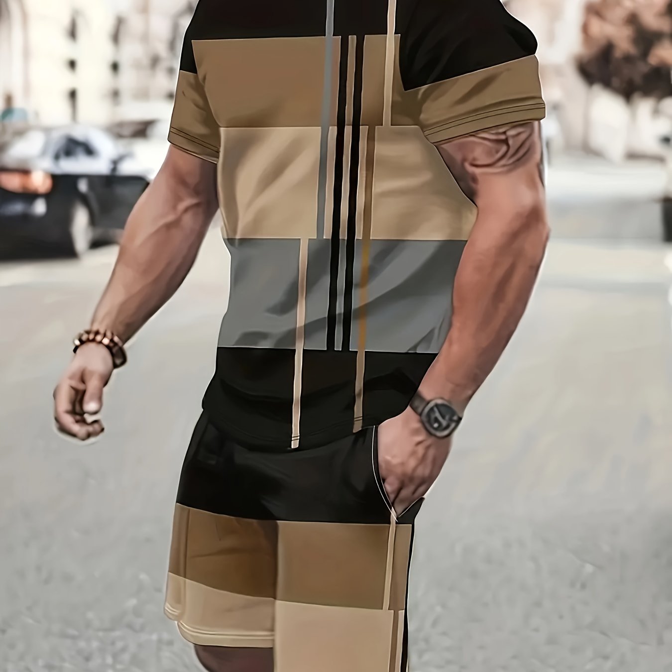 Plus size 2-piece men's fashionable striped printed pattern short sleeved round neck T-shirt and drawstring shorts set, casual street comfortable and breathable, multi-color striped plus size men's clothing