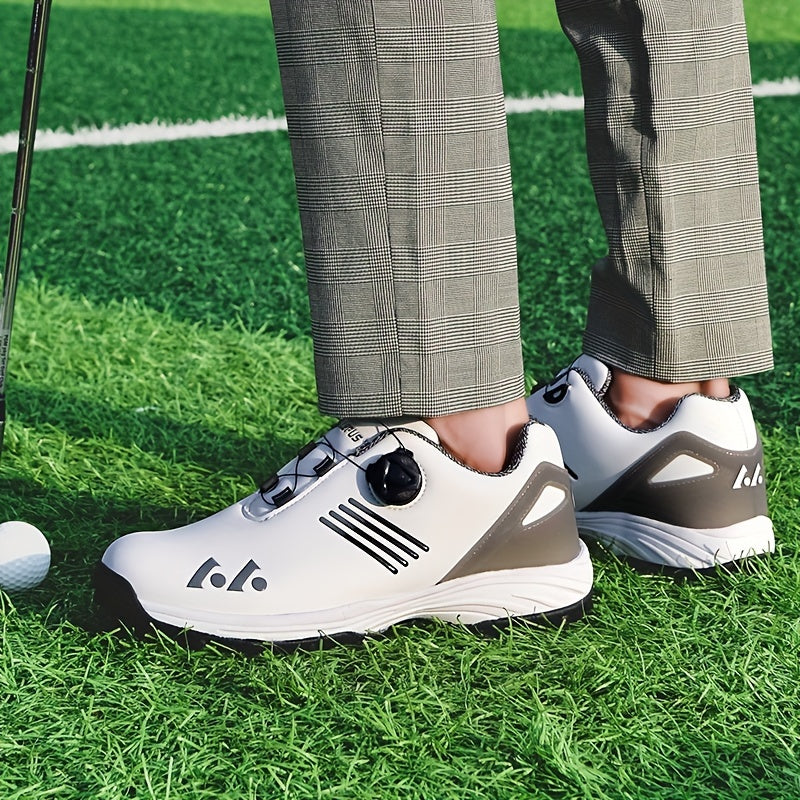 LEFUS Men's High Quality Golf Shoes with Non-Slip Rubber Sole & Swivel Button Closure - All-Weather All-Season Sneakers, Cushioned Insole, White & Black/Gray Athletic Footwear with Traction Tread - Ideal for Golf, Casual & Sp