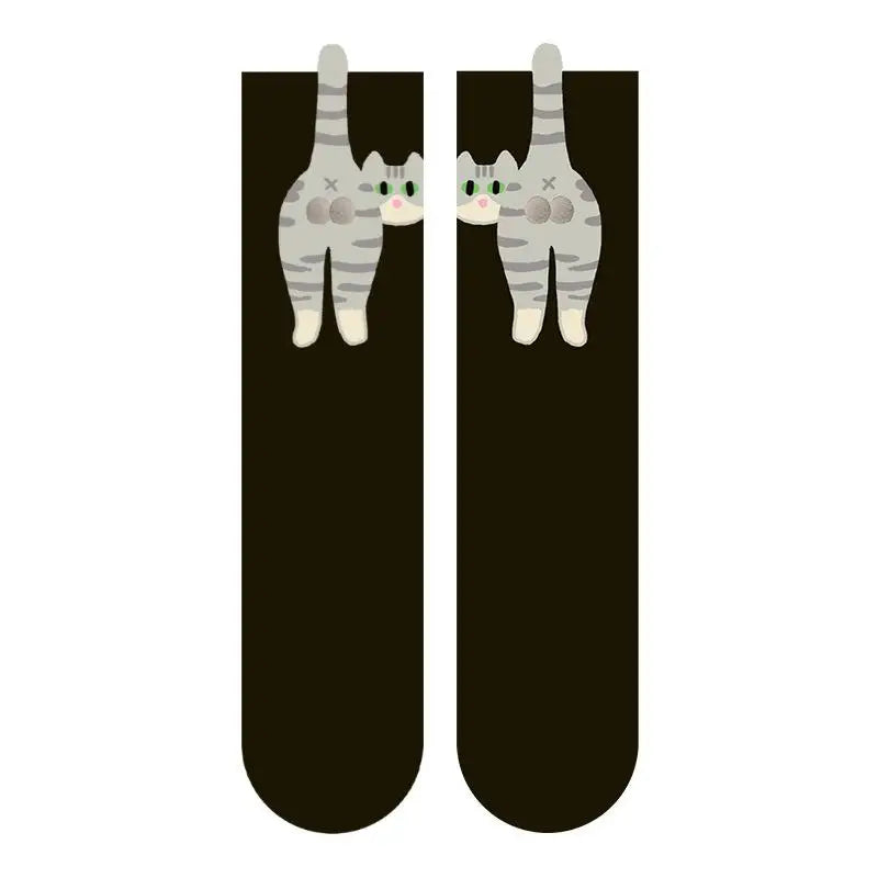 【N】 1/2 Pair Cartoon Cute Cat Balls Cotton Socks, Kawaii Lolita Knitting Middle Tube Socks with Cat Butt Print