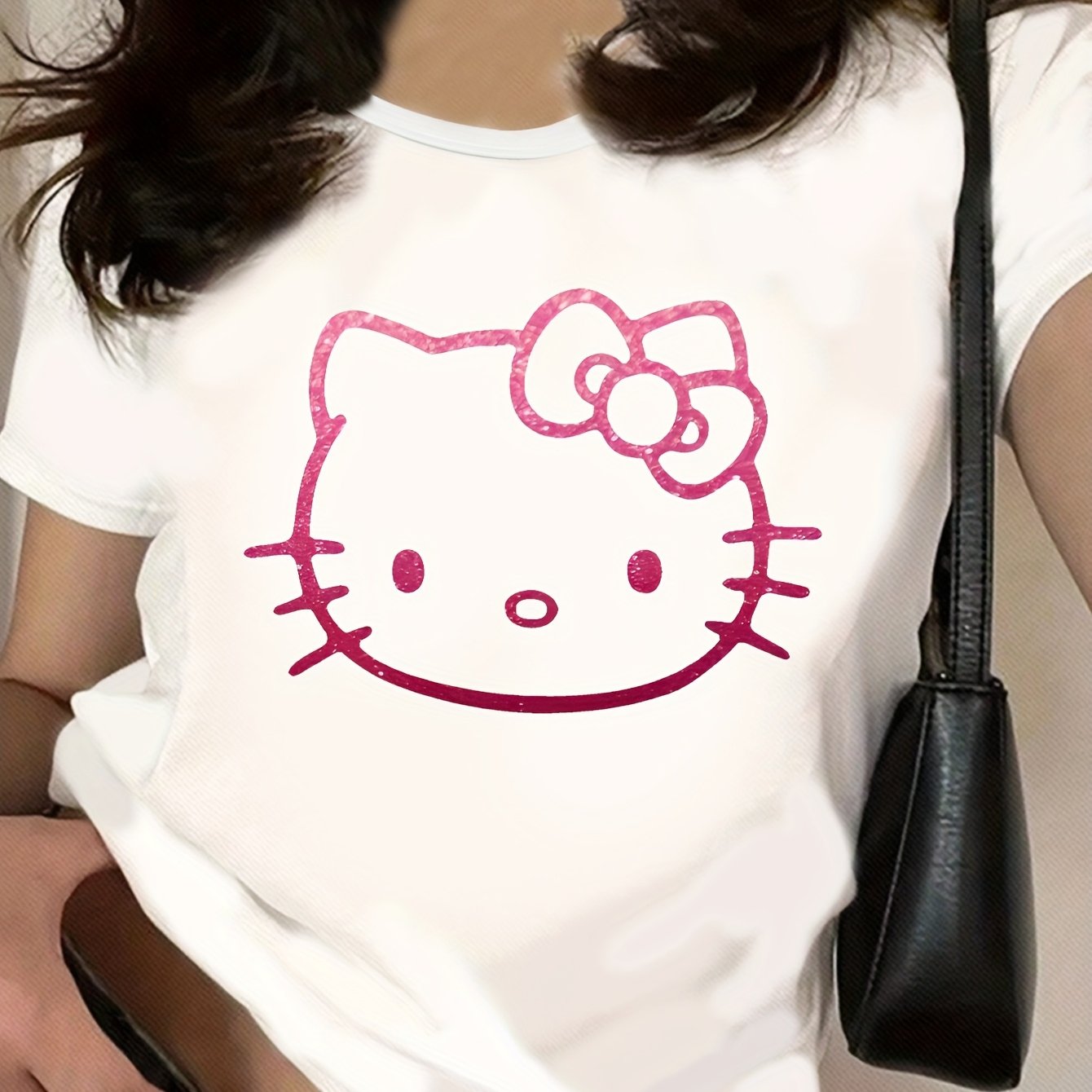 Sanrio Hello Kitty Cute Cartoon Print Women's Short Sleeve T-Shirt - Soft Polyester Blend, Round Neck, Machine Washable, White with Pink Graphic Design, Perfect for Spring/Summer Casual Wear