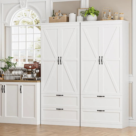 Tall Kitchen Pantry Storage Cabinet, Barn Doors Pantry Cabinet with Drawers and Adjustable Shelf,
