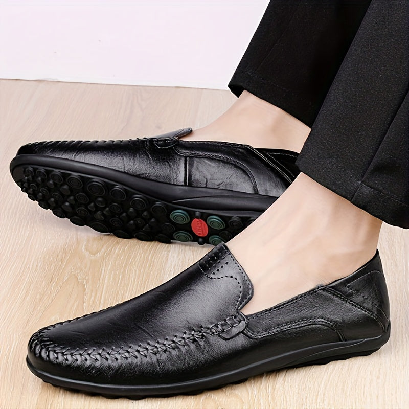 CLOHOO Men's Genuine -like Upper Slip-On Dress Loafers - All-Season Round-Toe Business Casual Shoes with PU, Brown/Black, Durable Rubber Sole for Office, Vacation & Formal Wear (No Laces/Ties)