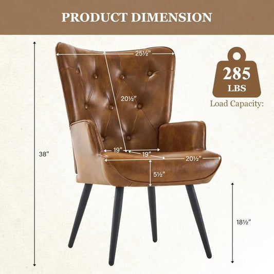 Living Room Chair.Accent Chairs Set of 2 Brown PU Leather Chair Reading Chair Armchair with High Backrest, Wingback Corner Chair