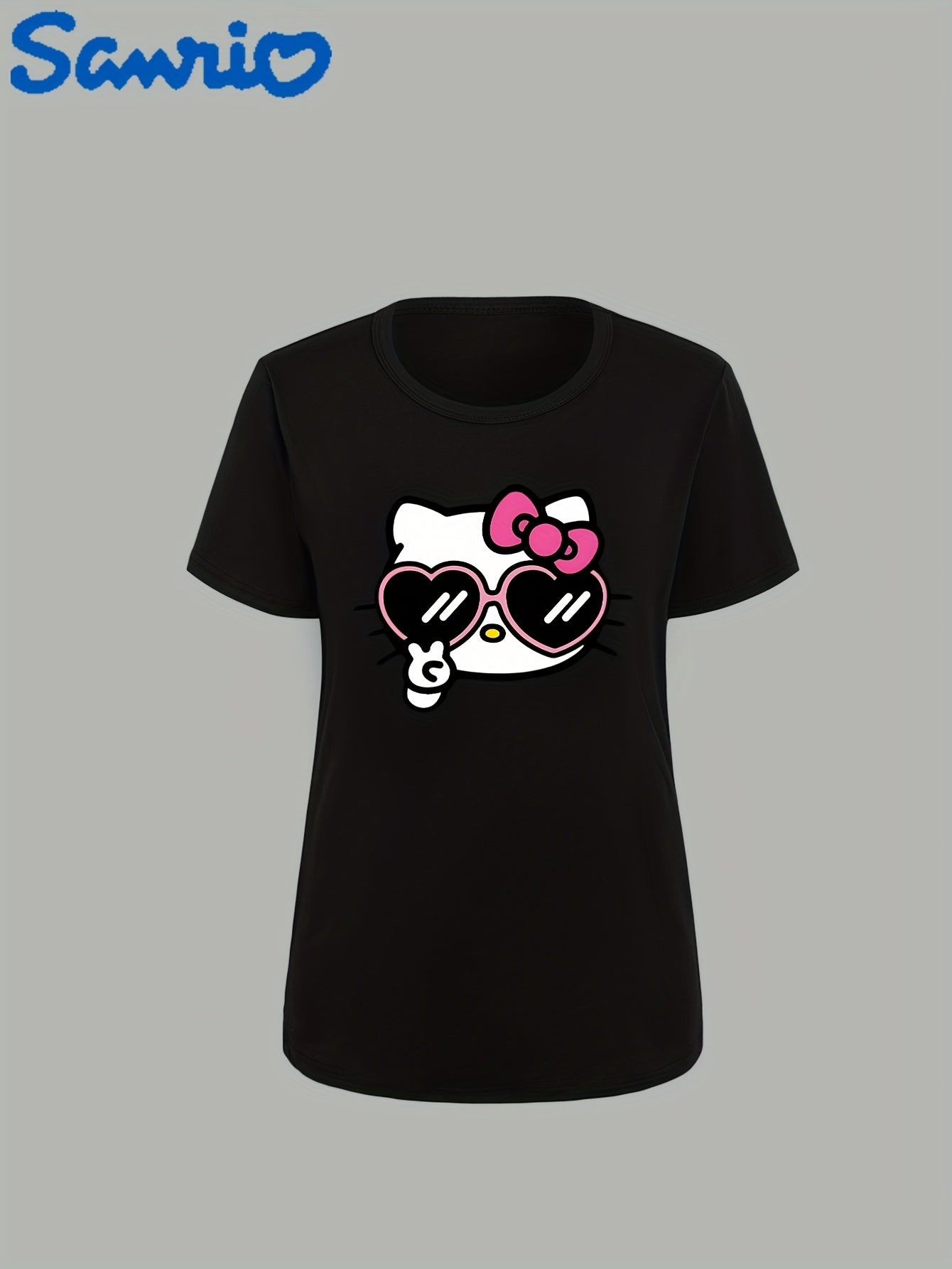Sanrio for hello kitty Cartoon Cute Printed Crew Neck Casual Polyester T-Shirt, for Women