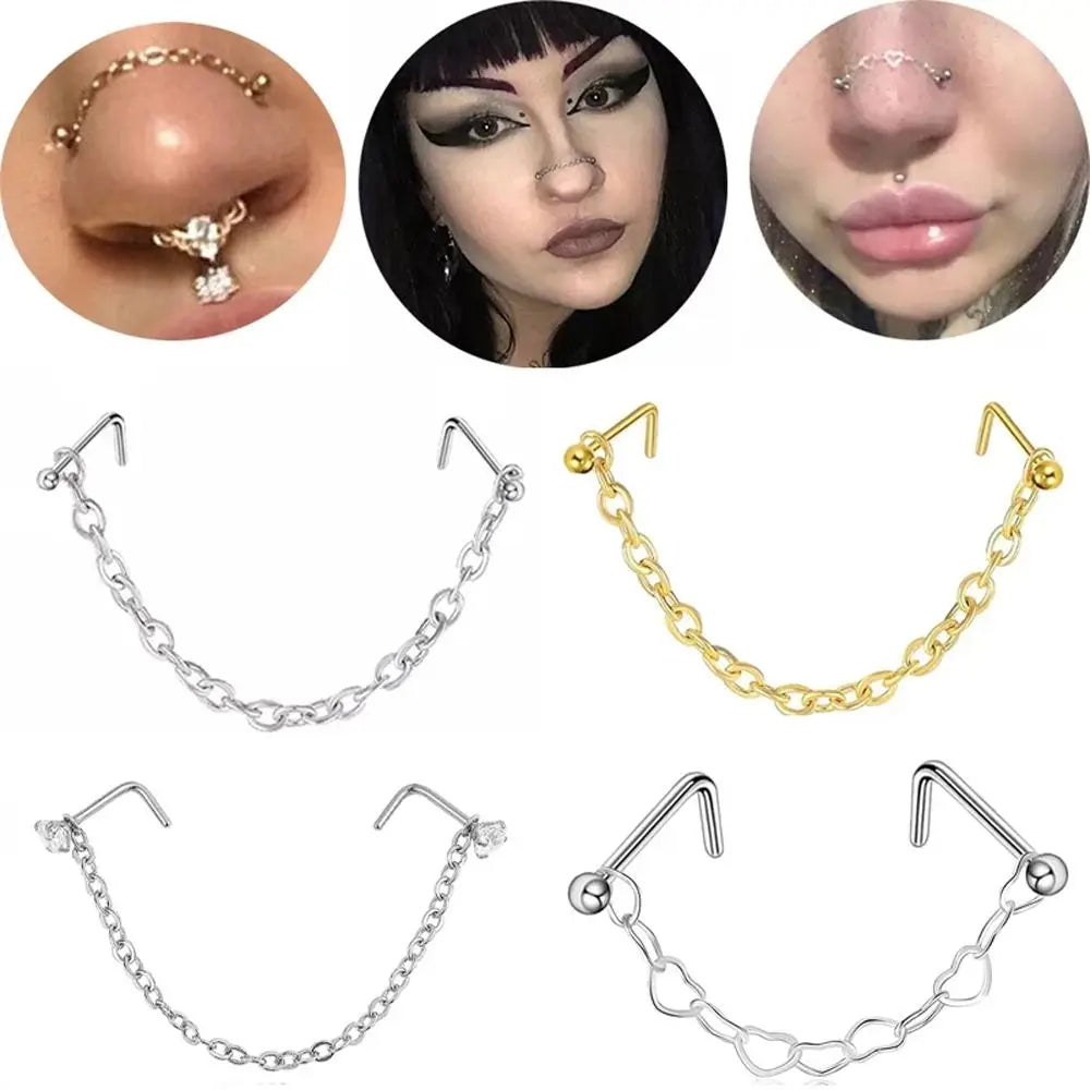 Double Nose Chain Nostril Ball Stainless Steel Nose Stud Decoration Earrings Piercing Nariz Pircing Septum Nose Piercing Ring