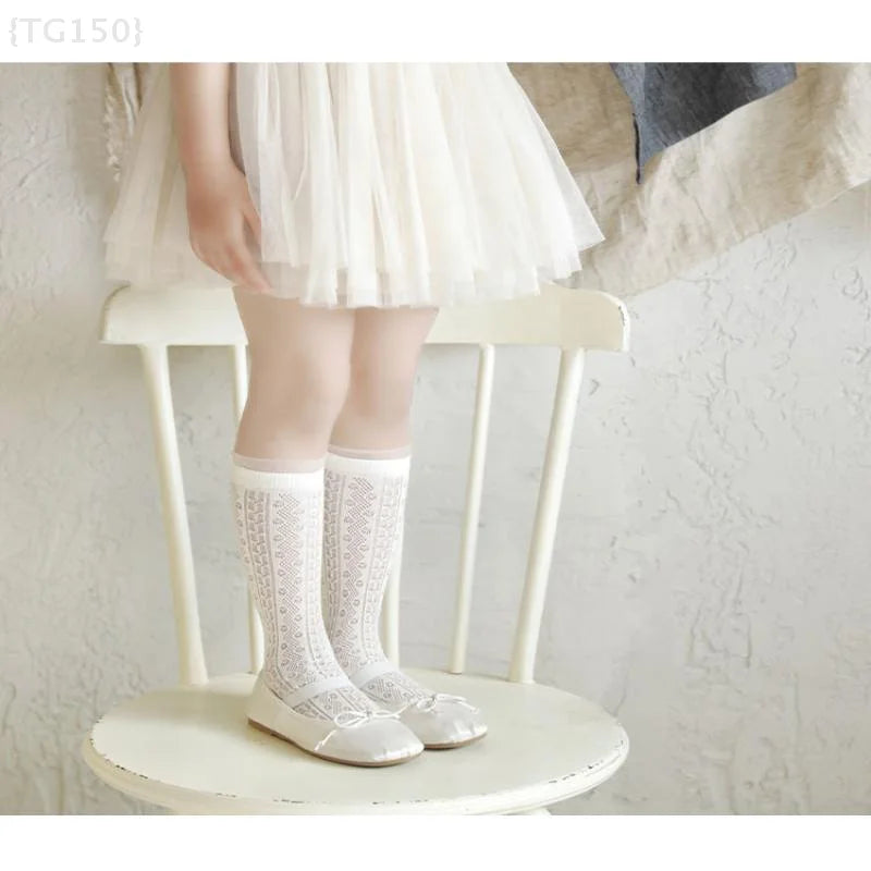 3 Pairs Princess White Lace Ruffle Stockings - Summer Mesh Thin Breathable Kids Long Socks for 3-12 Years