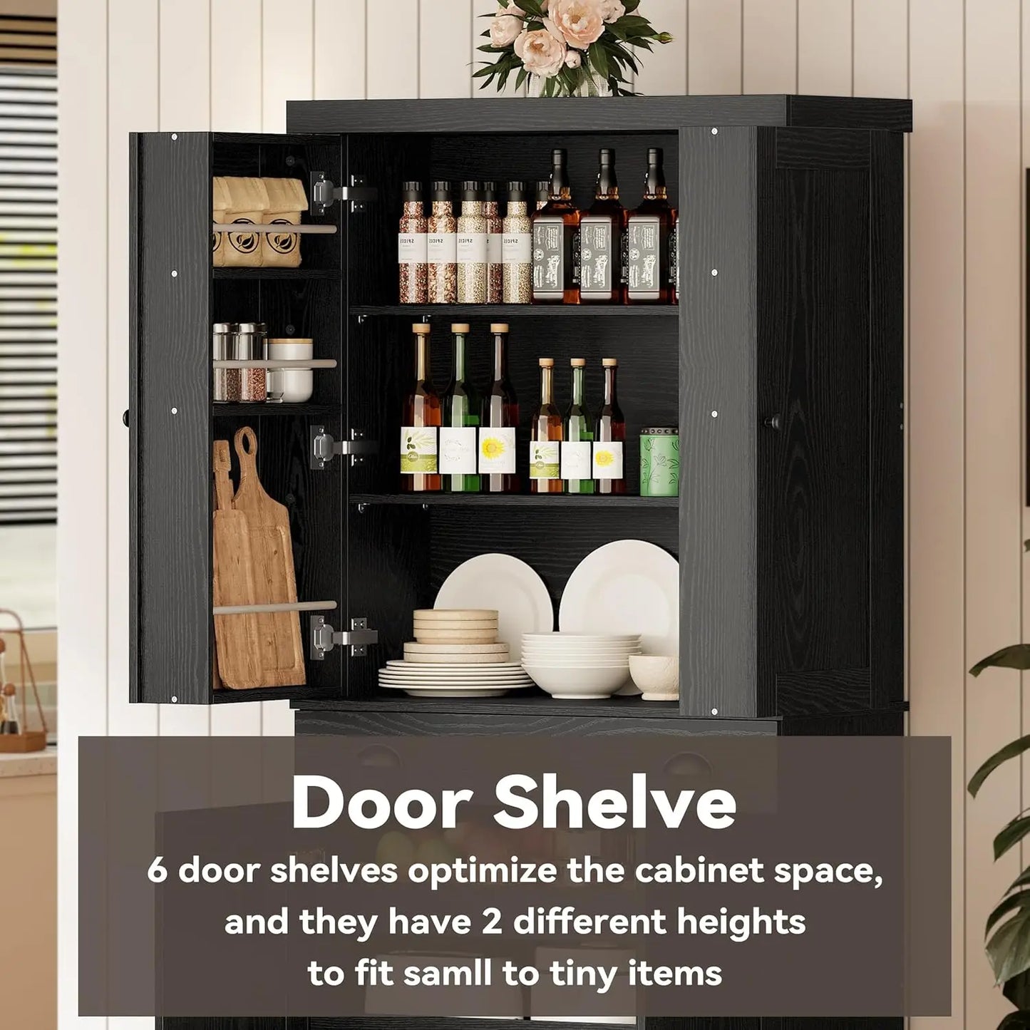 Kitchen Pantry Cabinet Freestanding Cupboard with Drawer, Sliding Storage Rack, and 6 Hanging Shelves