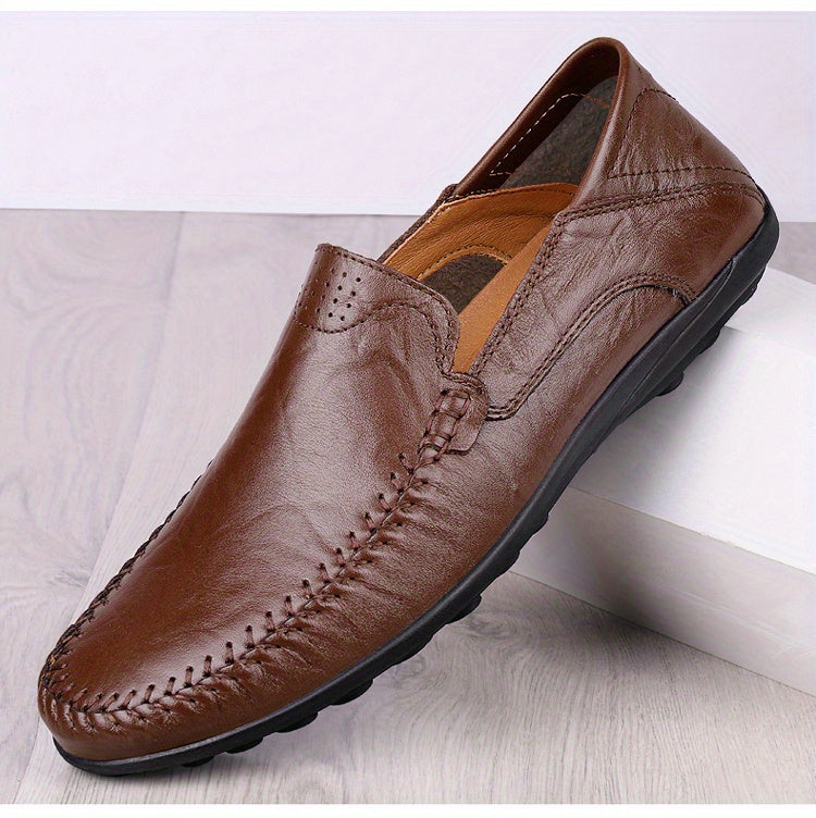 CLOHOO Men's Genuine -like Upper Slip-On Dress Loafers - All-Season Round-Toe Business Casual Shoes with PU, Brown/Black, Durable Rubber Sole for Office, Vacation & Formal Wear (No Laces/Ties)