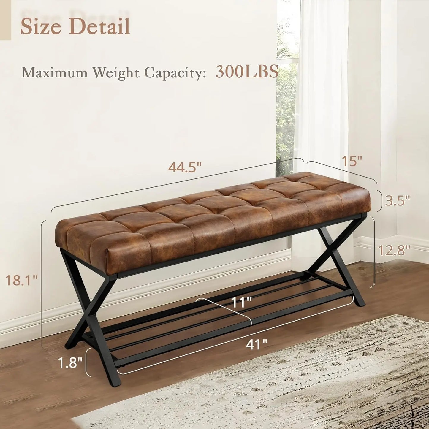 End of Bed Bench with Shelf, Linen Tufted Upholstered Storage Shoe Bench, Modern Bedroom Bench with Metal Legs for Living Room,